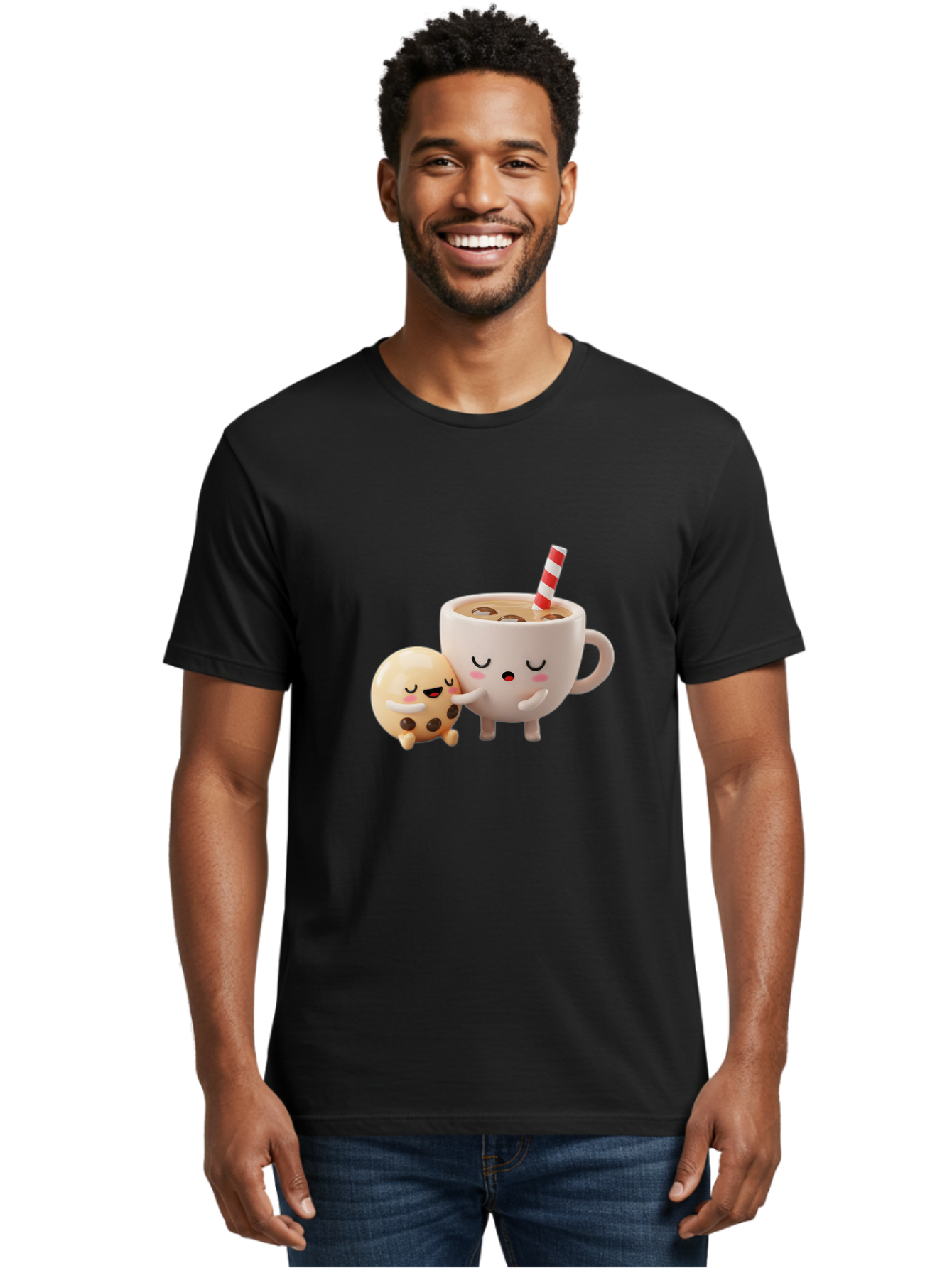 Cookie-And-Coffee-Cup Men'S Graphic Tee, 100% Cotton, Comfortable Casual Summer Wear, Machine Washable, Cute Cartoon Characters, Chip Cookie, Milkshake With Straw, Chocolate Chips, Adorable, Kawaii, Cartoon, Funny, Characters Hugging, Happy, Bac897