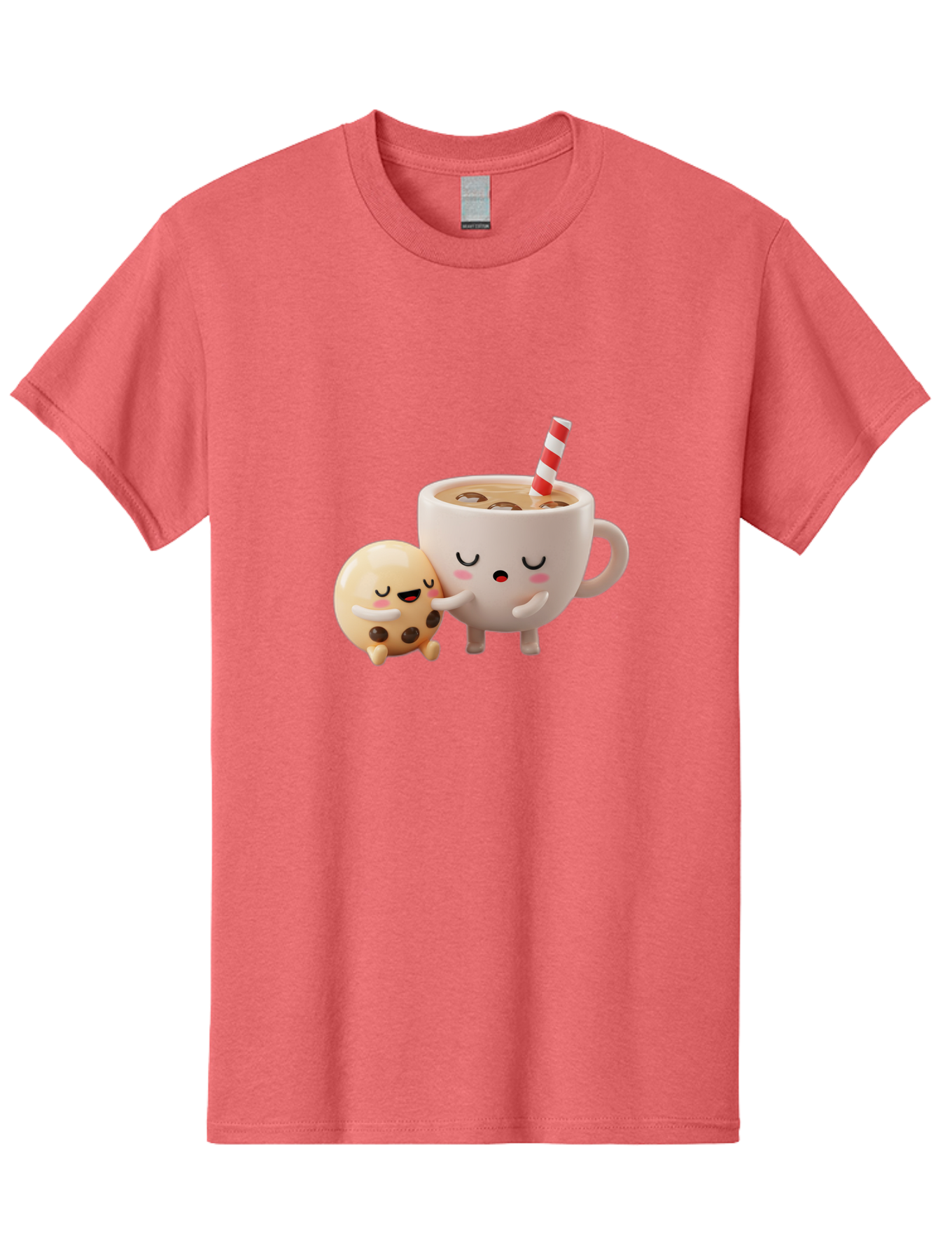 Cookie-And-Coffee-Cup Men'S Graphic Tee, 100% Cotton, Comfortable Casual Summer Wear, Machine Washable, Cute Cartoon Characters, Chip Cookie, Milkshake With Straw, Chocolate Chips, Adorable, Kawaii, Cartoon, Funny, Characters Hugging, Happy, Bac897