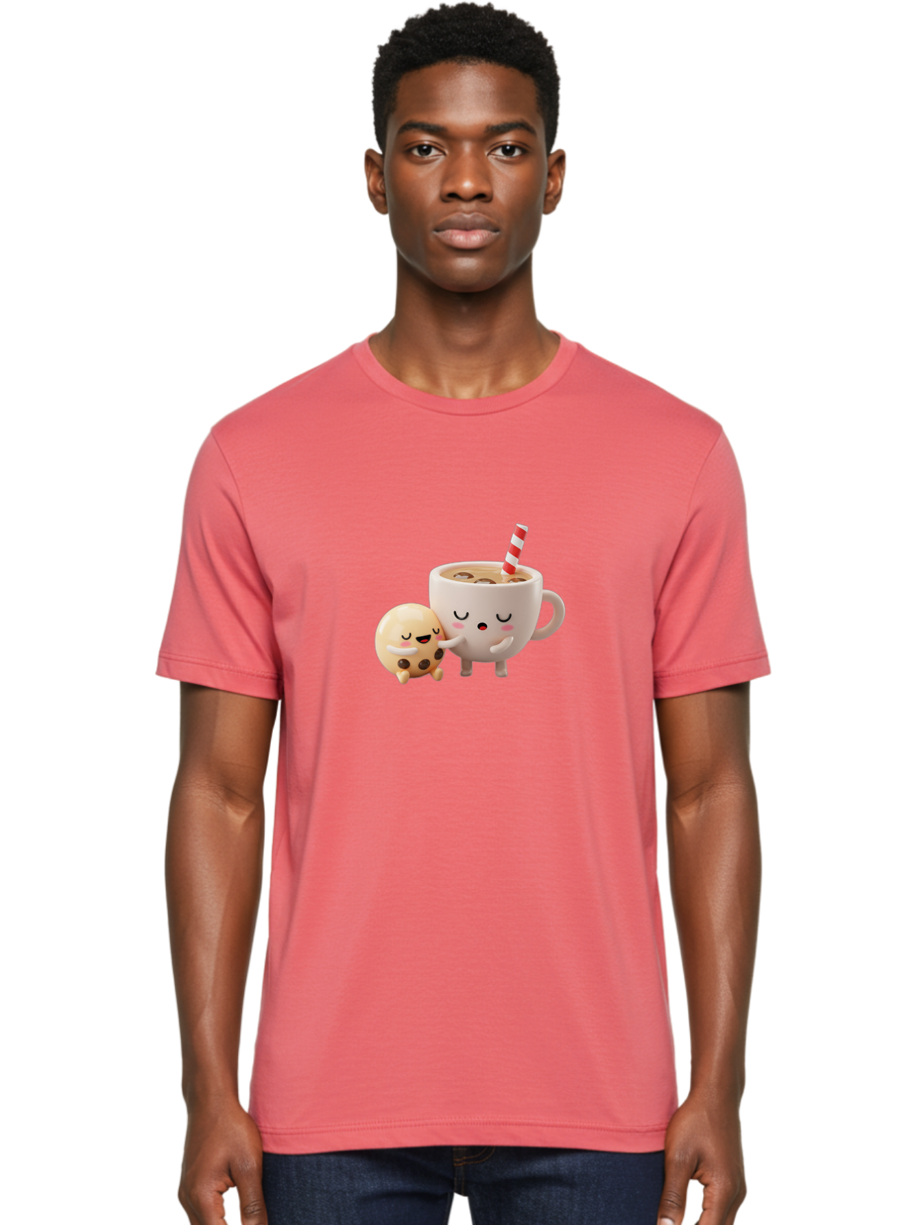 Cookie-And-Coffee-Cup Men'S Graphic Tee, 100% Cotton, Comfortable Casual Summer Wear, Machine Washable, Cute Cartoon Characters, Chip Cookie, Milkshake With Straw, Chocolate Chips, Adorable, Kawaii, Cartoon, Funny, Characters Hugging, Happy, Bac897