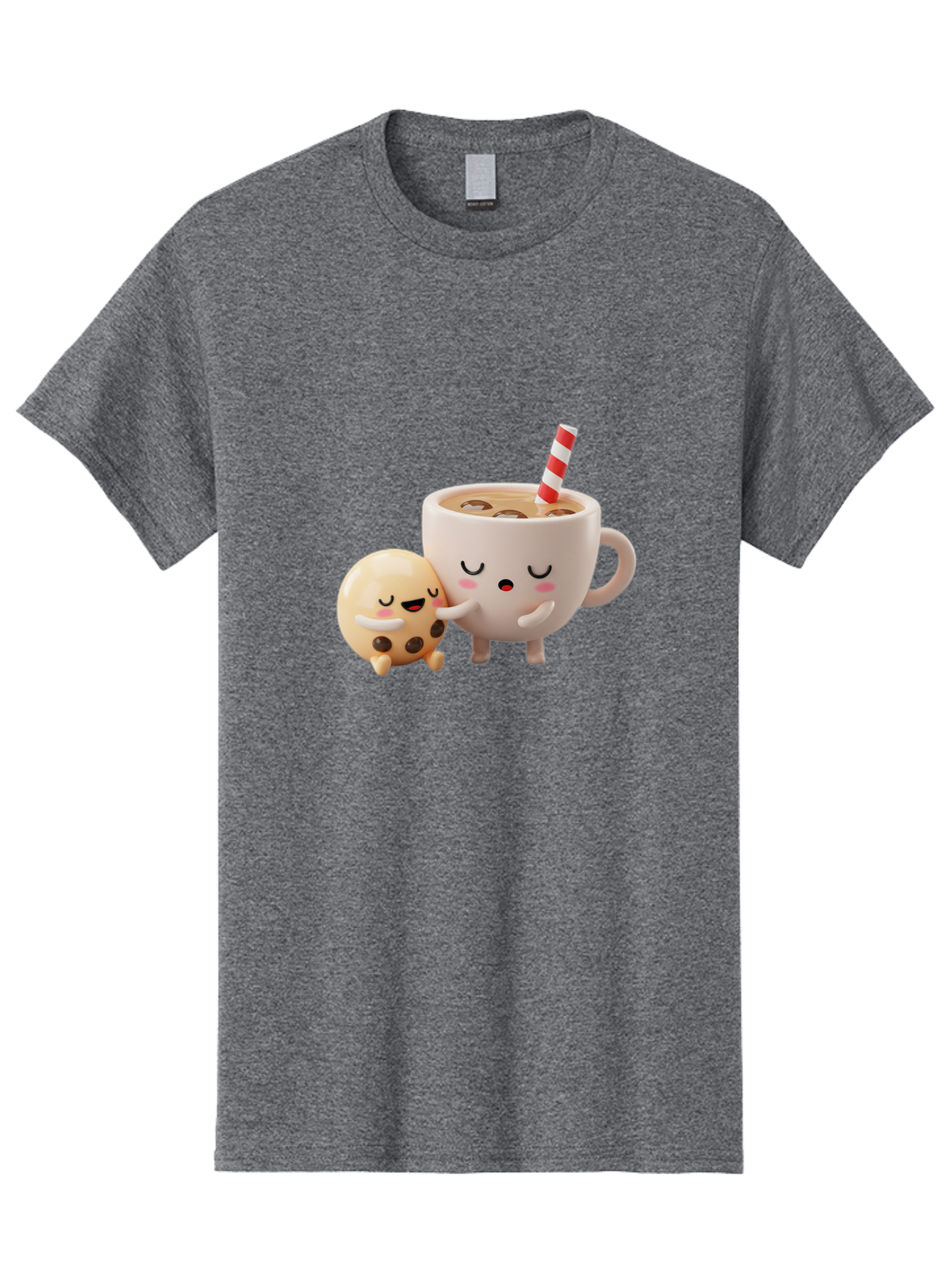 Cookie-And-Coffee-Cup Men'S Graphic Tee, 100% Cotton, Comfortable Casual Summer Wear, Machine Washable, Cute Cartoon Characters, Chip Cookie, Milkshake With Straw, Chocolate Chips, Adorable, Kawaii, Cartoon, Funny, Characters Hugging, Happy, Bac897