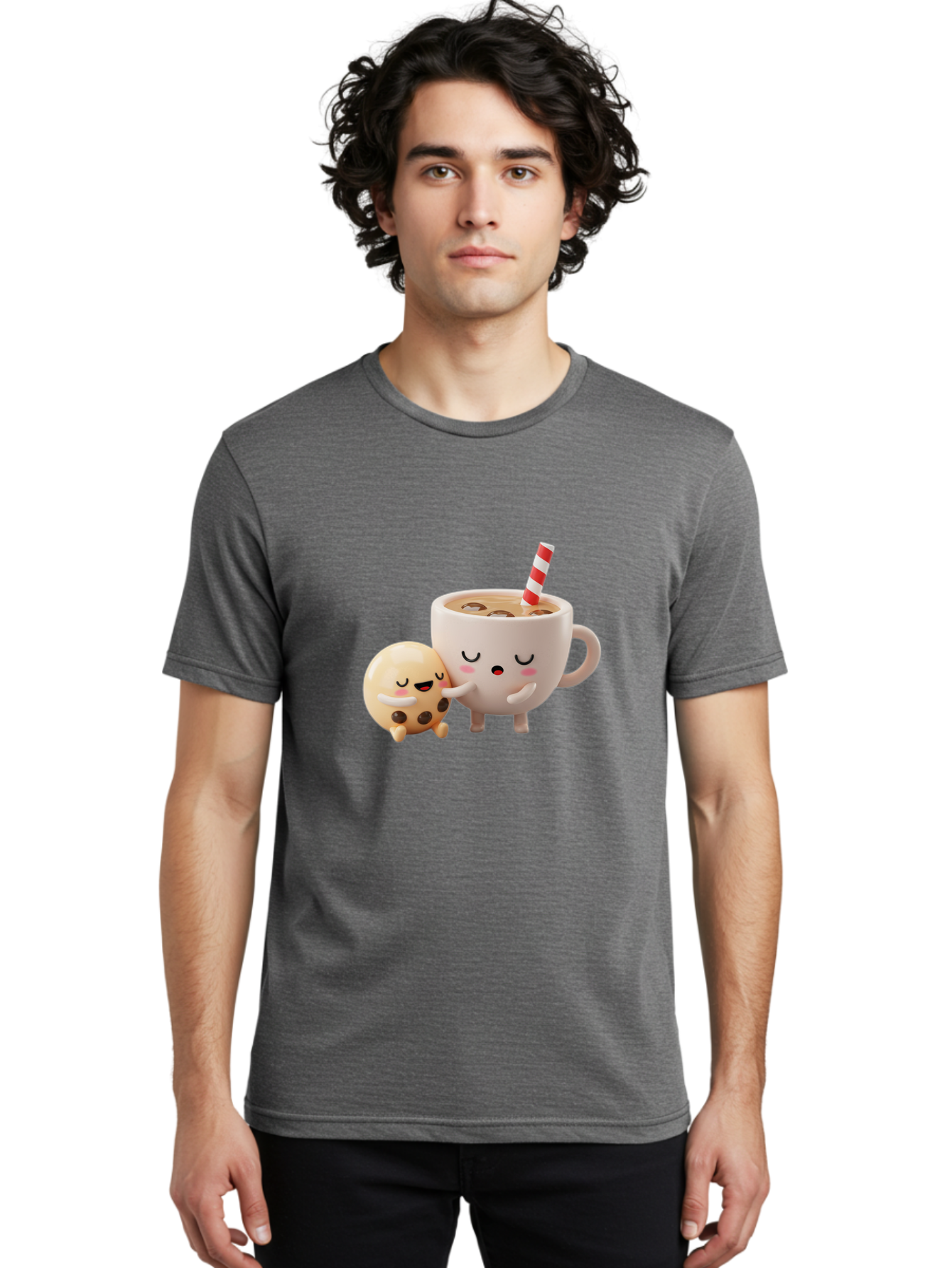 Cookie-And-Coffee-Cup Men'S Graphic Tee, 100% Cotton, Comfortable Casual Summer Wear, Machine Washable, Cute Cartoon Characters, Chip Cookie, Milkshake With Straw, Chocolate Chips, Adorable, Kawaii, Cartoon, Funny, Characters Hugging, Happy, Bac897