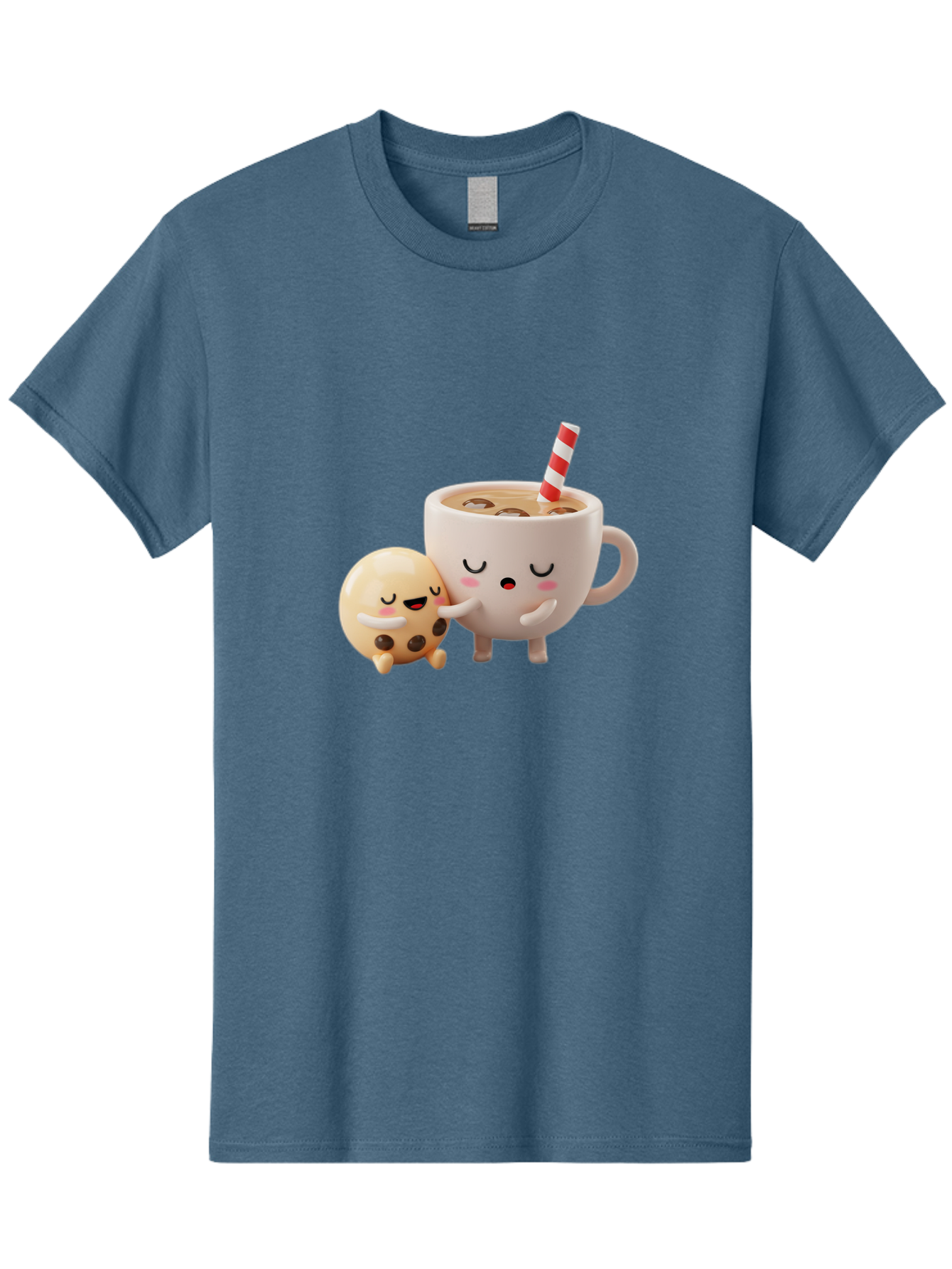 Cookie-And-Coffee-Cup Men'S Graphic Tee, 100% Cotton, Comfortable Casual Summer Wear, Machine Washable, Cute Cartoon Characters, Chip Cookie, Milkshake With Straw, Chocolate Chips, Adorable, Kawaii, Cartoon, Funny, Characters Hugging, Happy, Bac897
