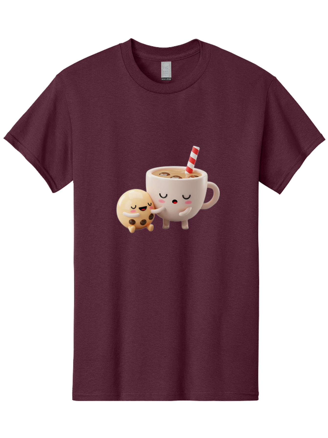 Cookie-And-Coffee-Cup Men'S Graphic Tee, 100% Cotton, Comfortable Casual Summer Wear, Machine Washable, Cute Cartoon Characters, Chip Cookie, Milkshake With Straw, Chocolate Chips, Adorable, Kawaii, Cartoon, Funny, Characters Hugging, Happy, Bac897