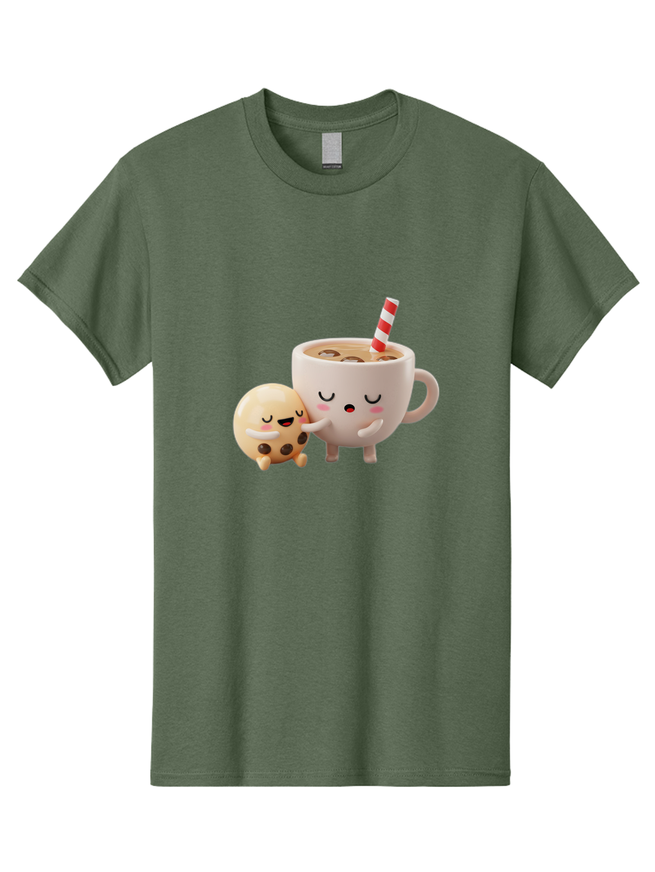 Cookie-And-Coffee-Cup Men'S Graphic Tee, 100% Cotton, Comfortable Casual Summer Wear, Machine Washable, Cute Cartoon Characters, Chip Cookie, Milkshake With Straw, Chocolate Chips, Adorable, Kawaii, Cartoon, Funny, Characters Hugging, Happy, Bac897