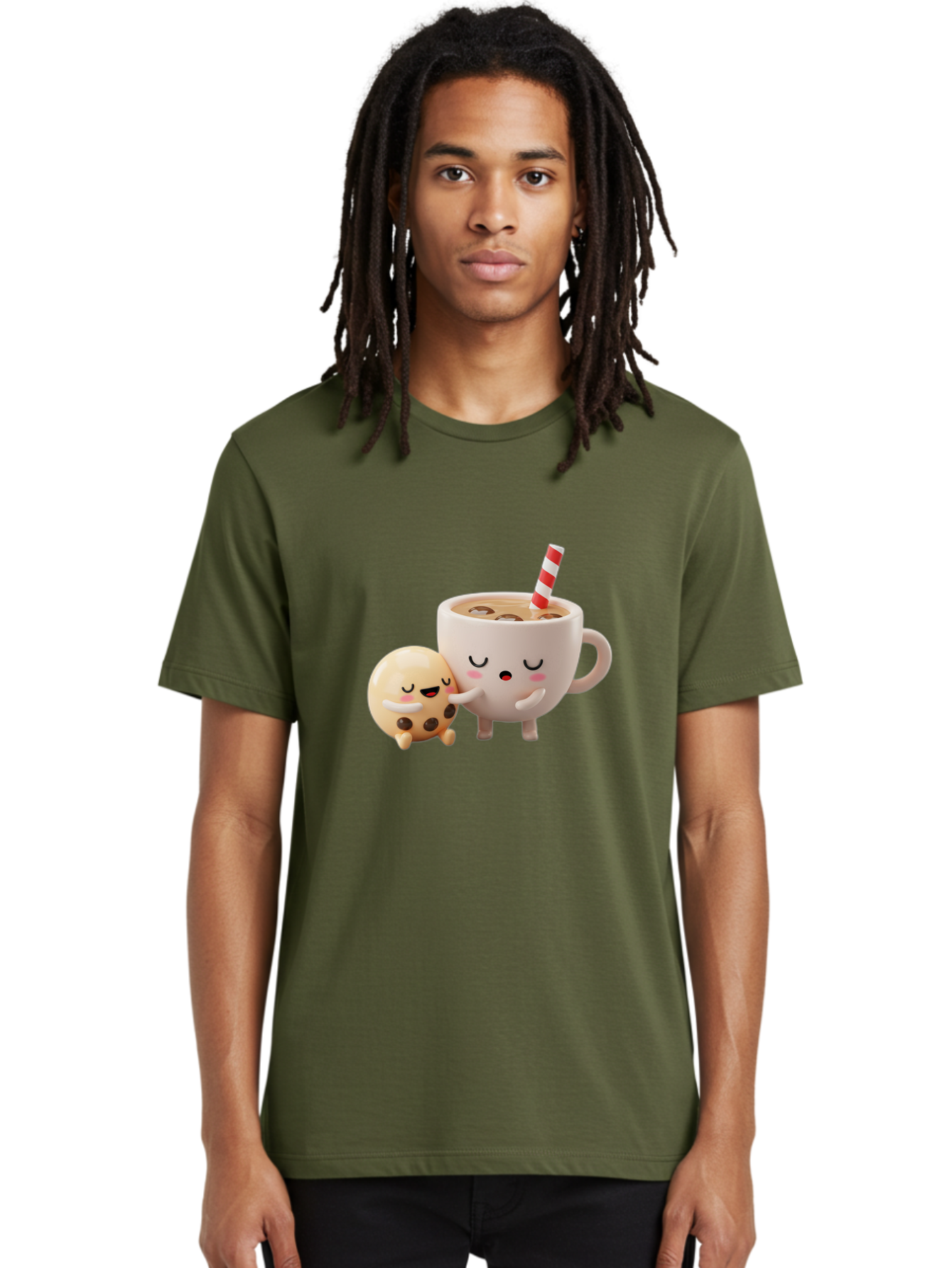 Cookie-And-Coffee-Cup Men'S Graphic Tee, 100% Cotton, Comfortable Casual Summer Wear, Machine Washable, Cute Cartoon Characters, Chip Cookie, Milkshake With Straw, Chocolate Chips, Adorable, Kawaii, Cartoon, Funny, Characters Hugging, Happy, Bac897