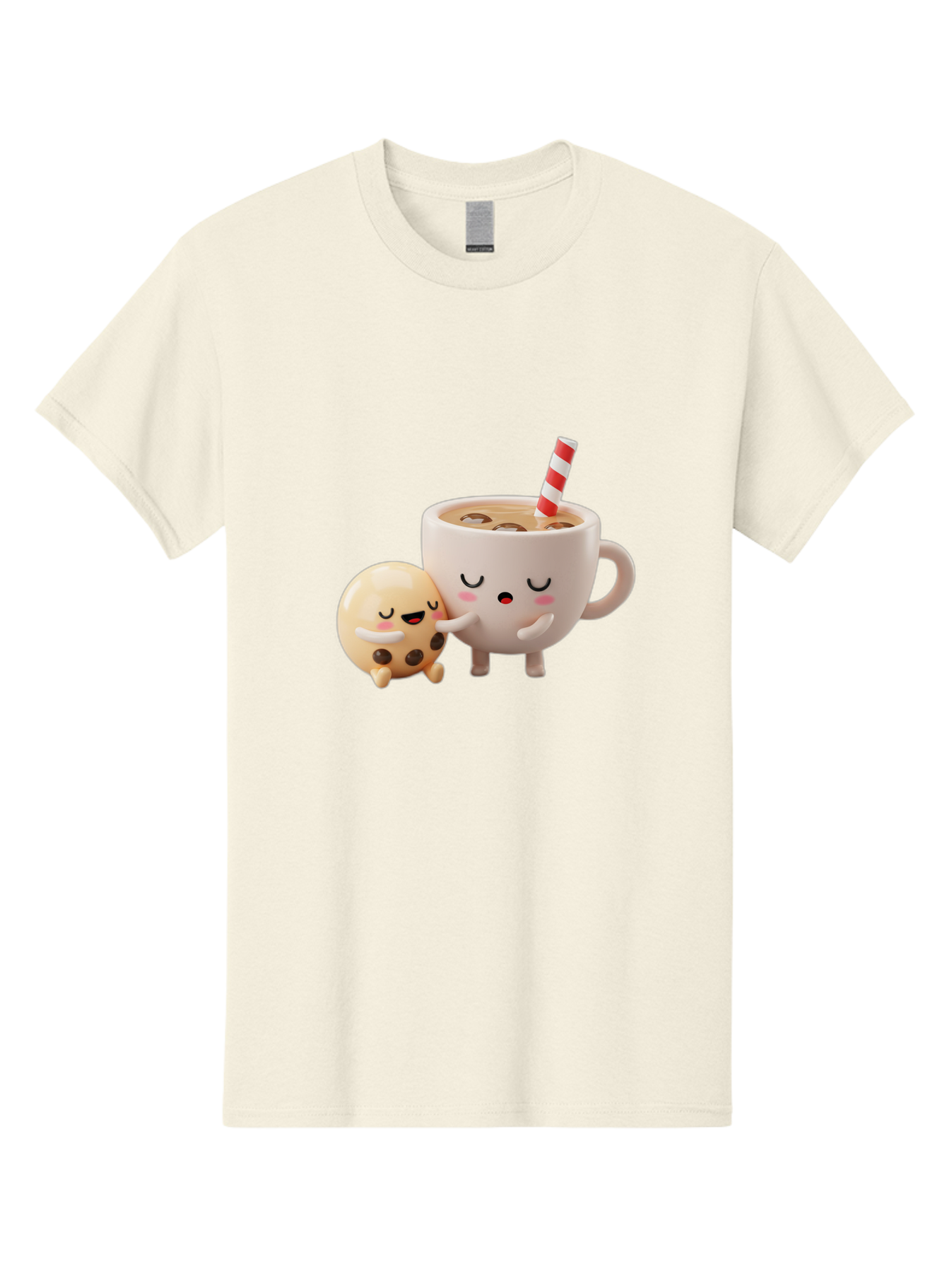 Cookie-And-Coffee-Cup Men'S Graphic Tee, 100% Cotton, Comfortable Casual Summer Wear, Machine Washable, Cute Cartoon Characters, Chip Cookie, Milkshake With Straw, Chocolate Chips, Adorable, Kawaii, Cartoon, Funny, Characters Hugging, Happy, Bac897