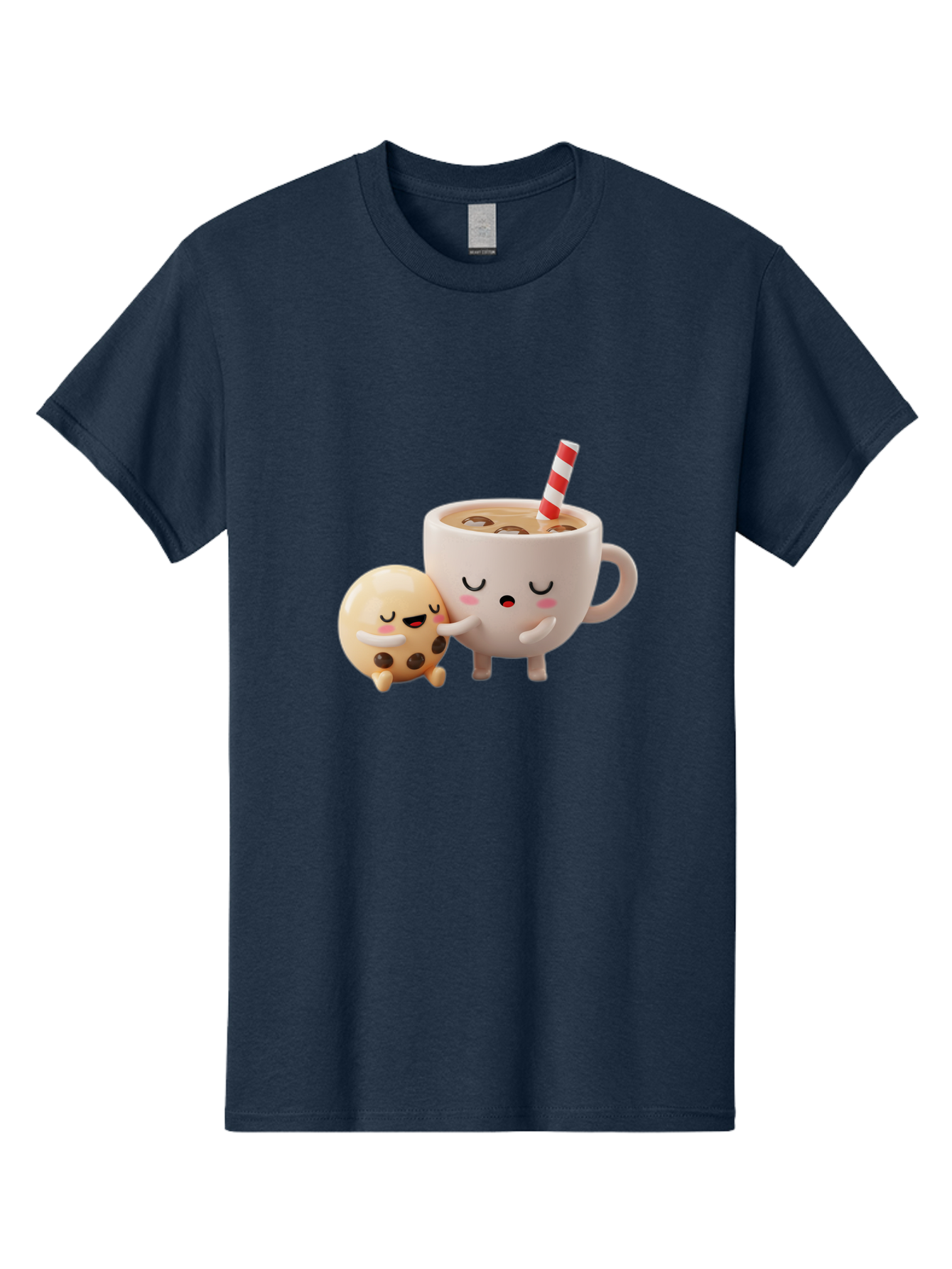 Cookie-And-Coffee-Cup Men'S Graphic Tee, 100% Cotton, Comfortable Casual Summer Wear, Machine Washable, Cute Cartoon Characters, Chip Cookie, Milkshake With Straw, Chocolate Chips, Adorable, Kawaii, Cartoon, Funny, Characters Hugging, Happy, Bac897