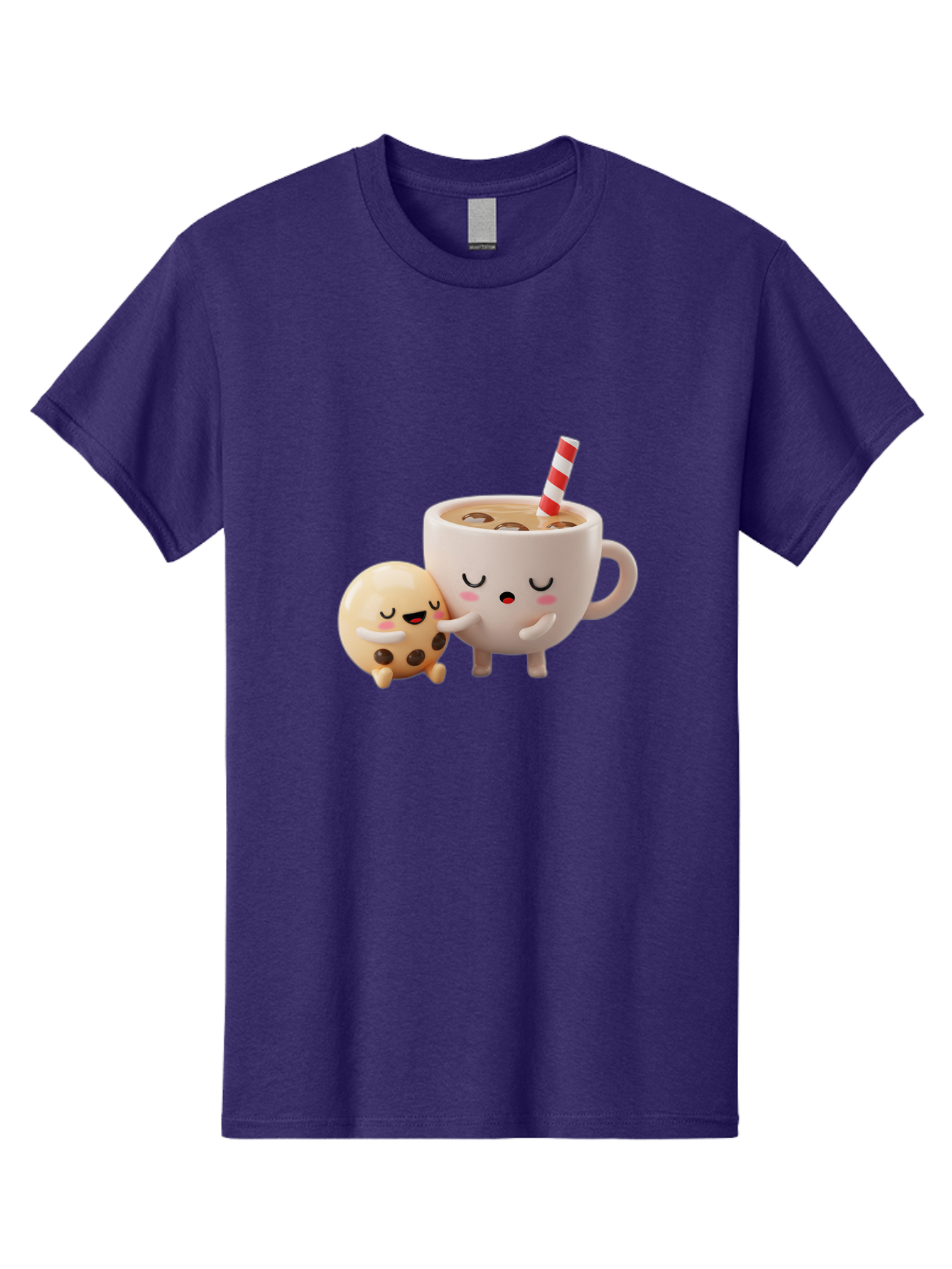 Cookie-And-Coffee-Cup Men'S Graphic Tee, 100% Cotton, Comfortable Casual Summer Wear, Machine Washable, Cute Cartoon Characters, Chip Cookie, Milkshake With Straw, Chocolate Chips, Adorable, Kawaii, Cartoon, Funny, Characters Hugging, Happy, Bac897
