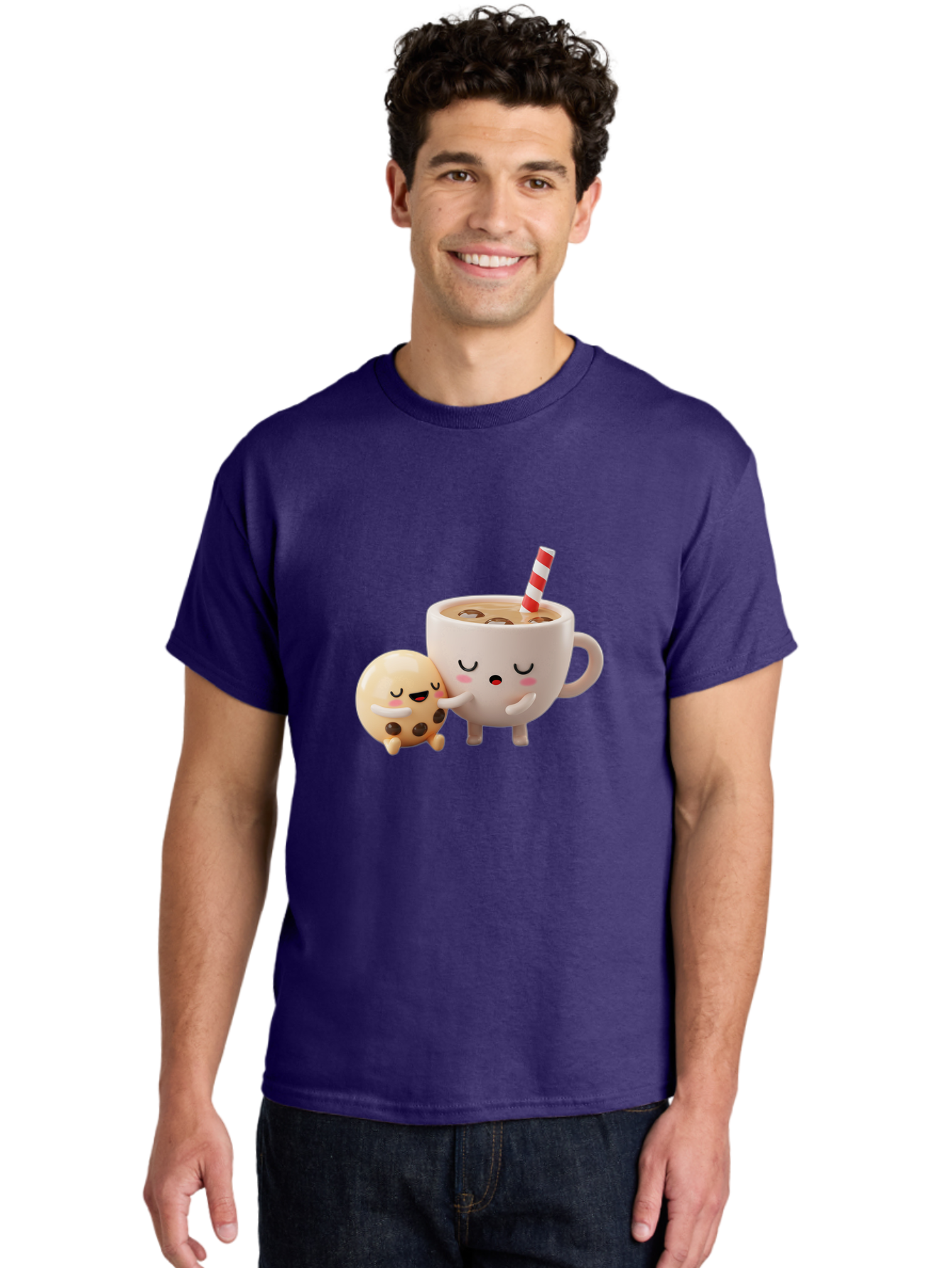 Cookie-And-Coffee-Cup Men'S Graphic Tee, 100% Cotton, Comfortable Casual Summer Wear, Machine Washable, Cute Cartoon Characters, Chip Cookie, Milkshake With Straw, Chocolate Chips, Adorable, Kawaii, Cartoon, Funny, Characters Hugging, Happy, Bac897