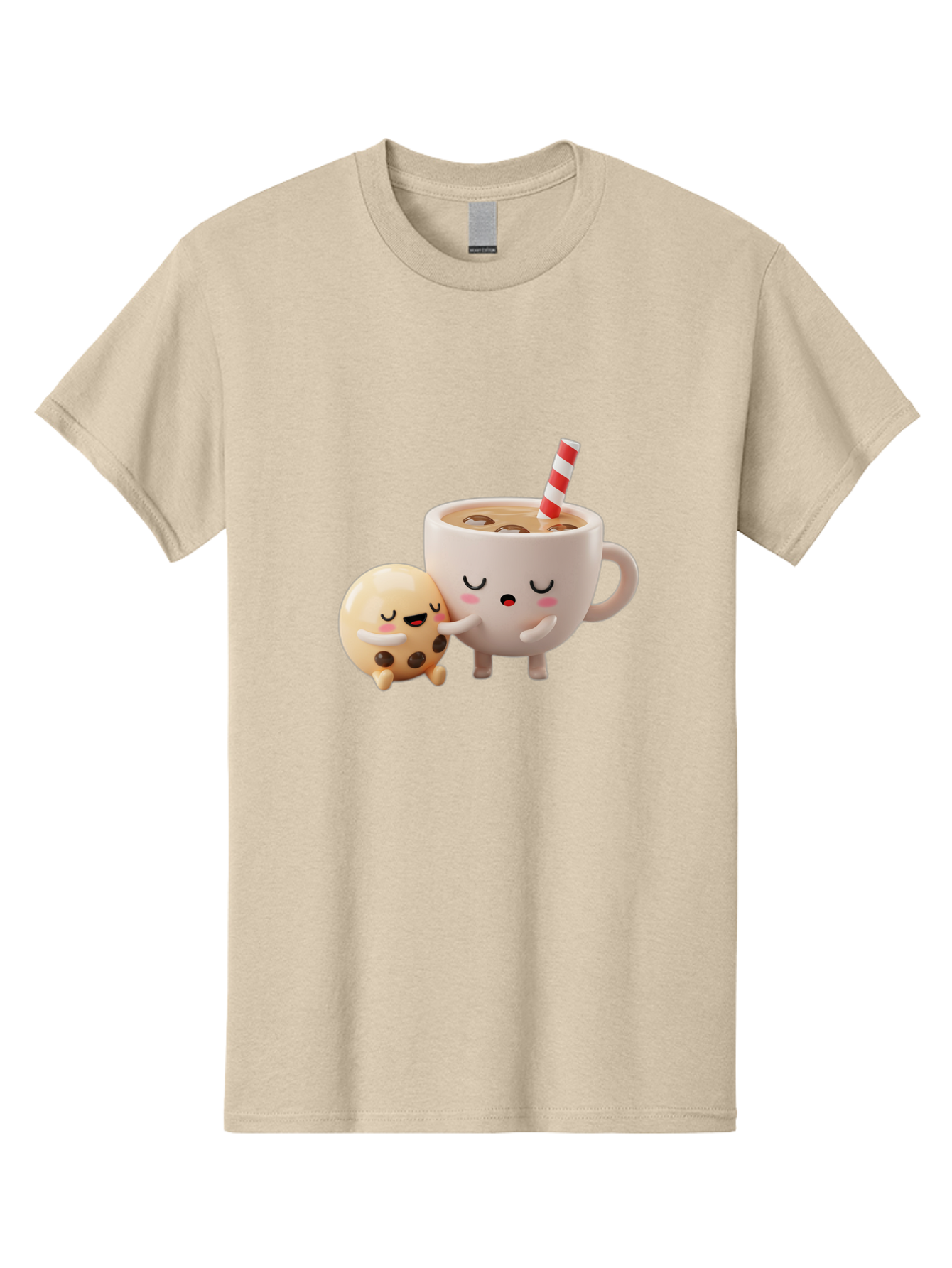Cookie-And-Coffee-Cup Men'S Graphic Tee, 100% Cotton, Comfortable Casual Summer Wear, Machine Washable, Cute Cartoon Characters, Chip Cookie, Milkshake With Straw, Chocolate Chips, Adorable, Kawaii, Cartoon, Funny, Characters Hugging, Happy, Bac897