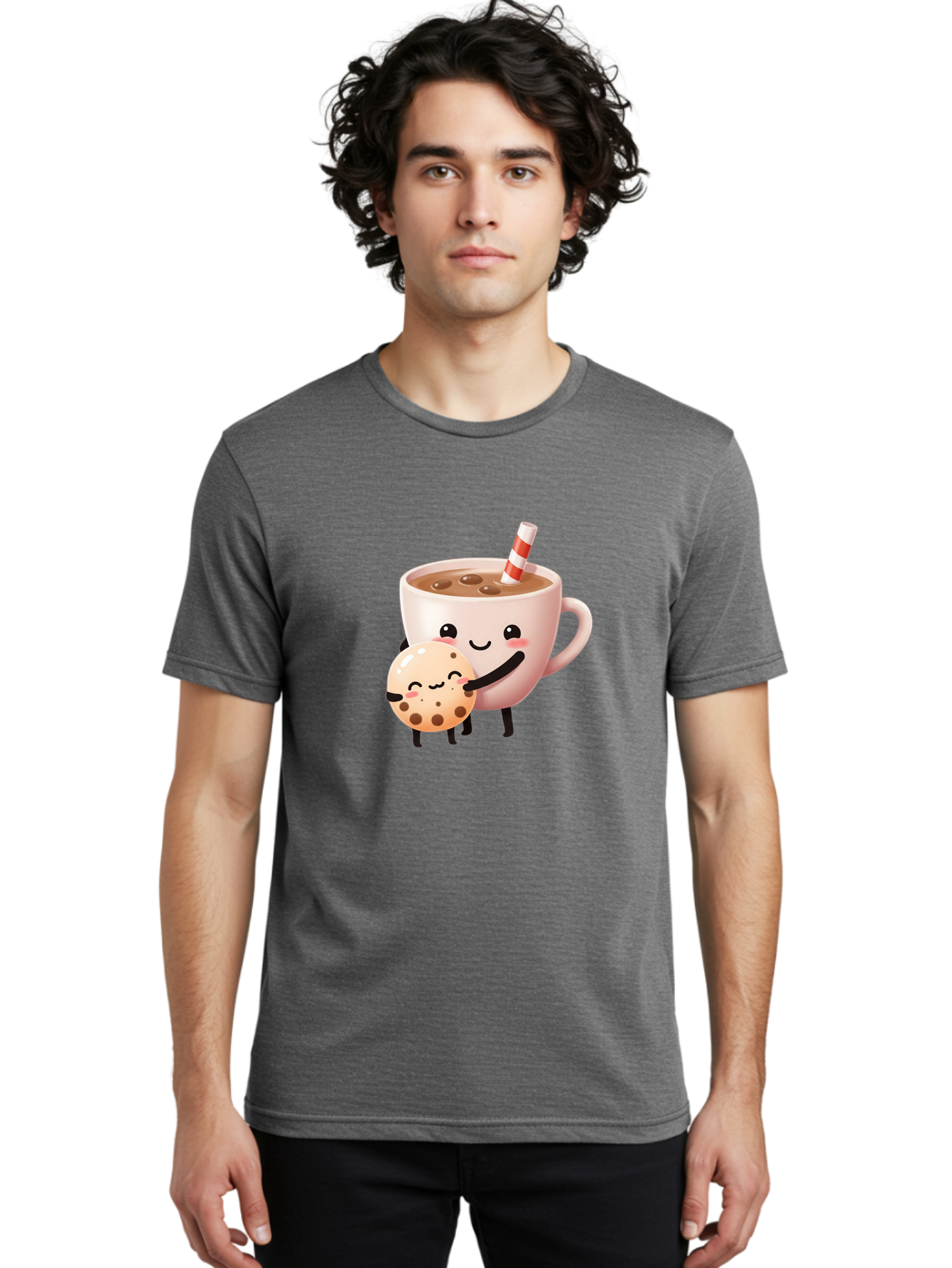 Cookie-And-Milk Men'S Graphic Tee, 100% Cotton, Comfortable Casual Summer Wear, Machine Washable, Cartoon Cup Of Milk, Chocolate Chip Cookie, Smiling Faces, Happy Snack, Sweet Treats, Dessert Time, Kid Friendly, Funny Characters Bac898