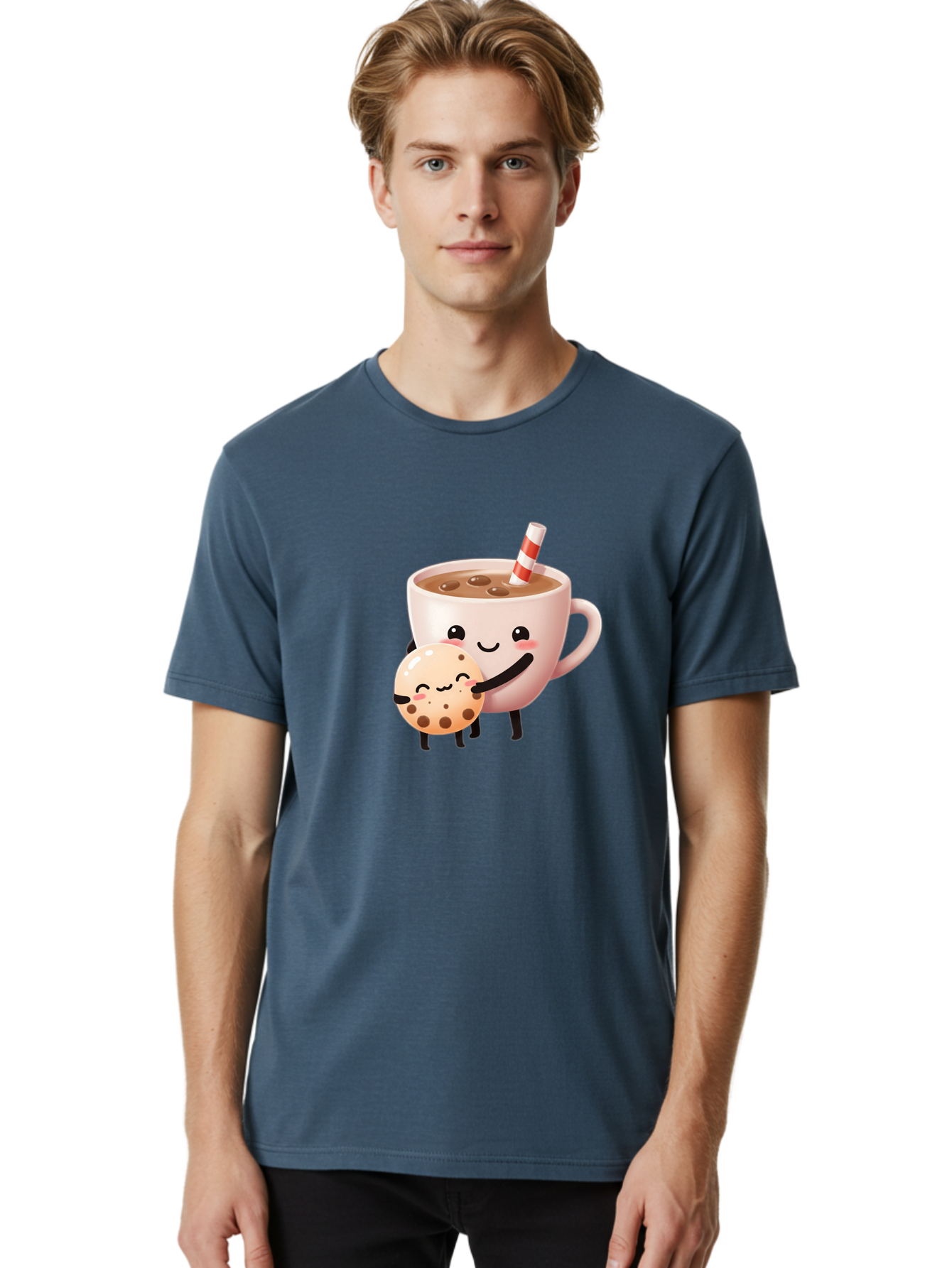 Cookie-And-Milk Men'S Graphic Tee, 100% Cotton, Comfortable Casual Summer Wear, Machine Washable, Cartoon Cup Of Milk, Chocolate Chip Cookie, Smiling Faces, Happy Snack, Sweet Treats, Dessert Time, Kid Friendly, Funny Characters Bac898