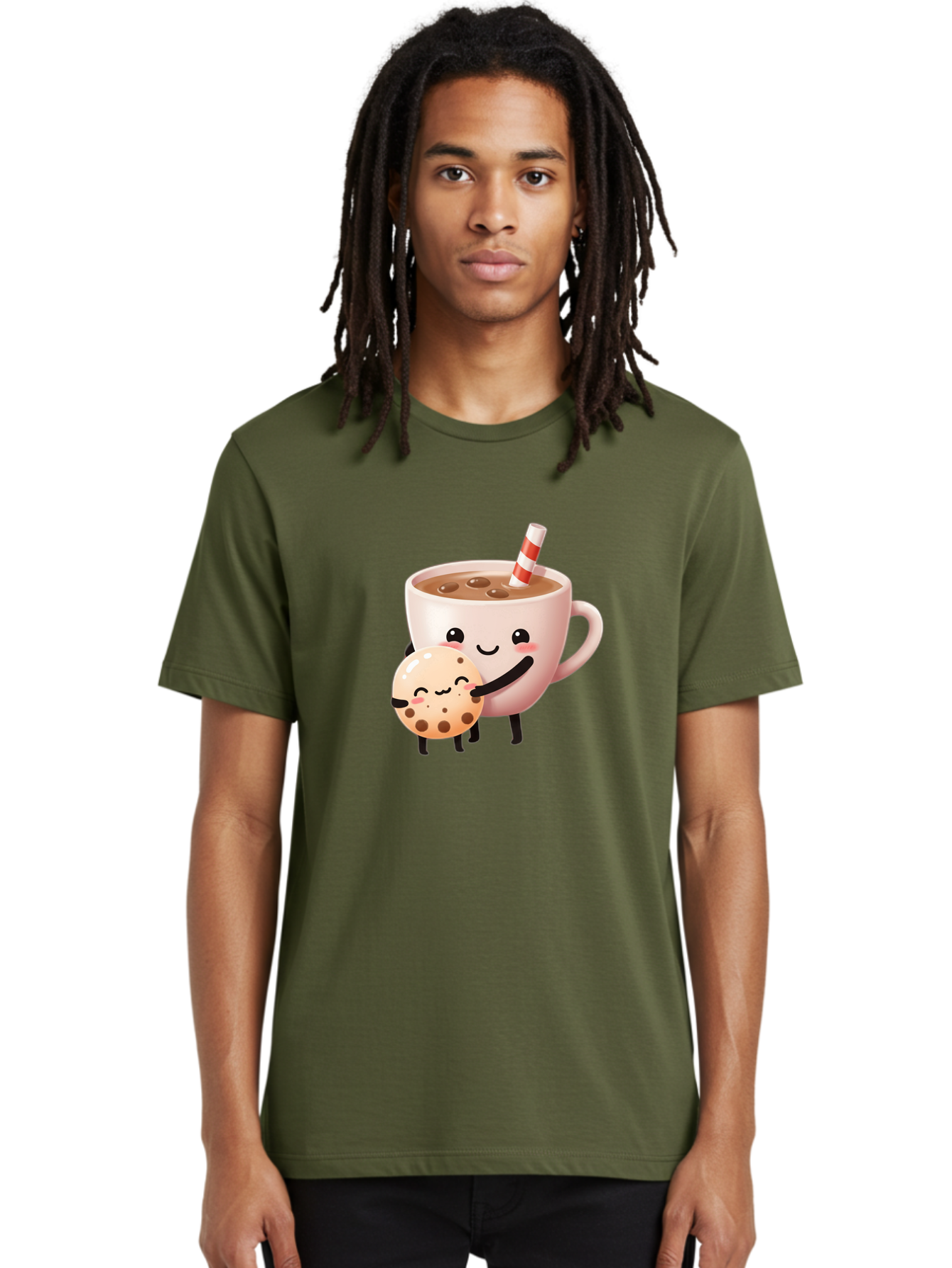 Cookie-And-Milk Men'S Graphic Tee, 100% Cotton, Comfortable Casual Summer Wear, Machine Washable, Cartoon Cup Of Milk, Chocolate Chip Cookie, Smiling Faces, Happy Snack, Sweet Treats, Dessert Time, Kid Friendly, Funny Characters Bac898