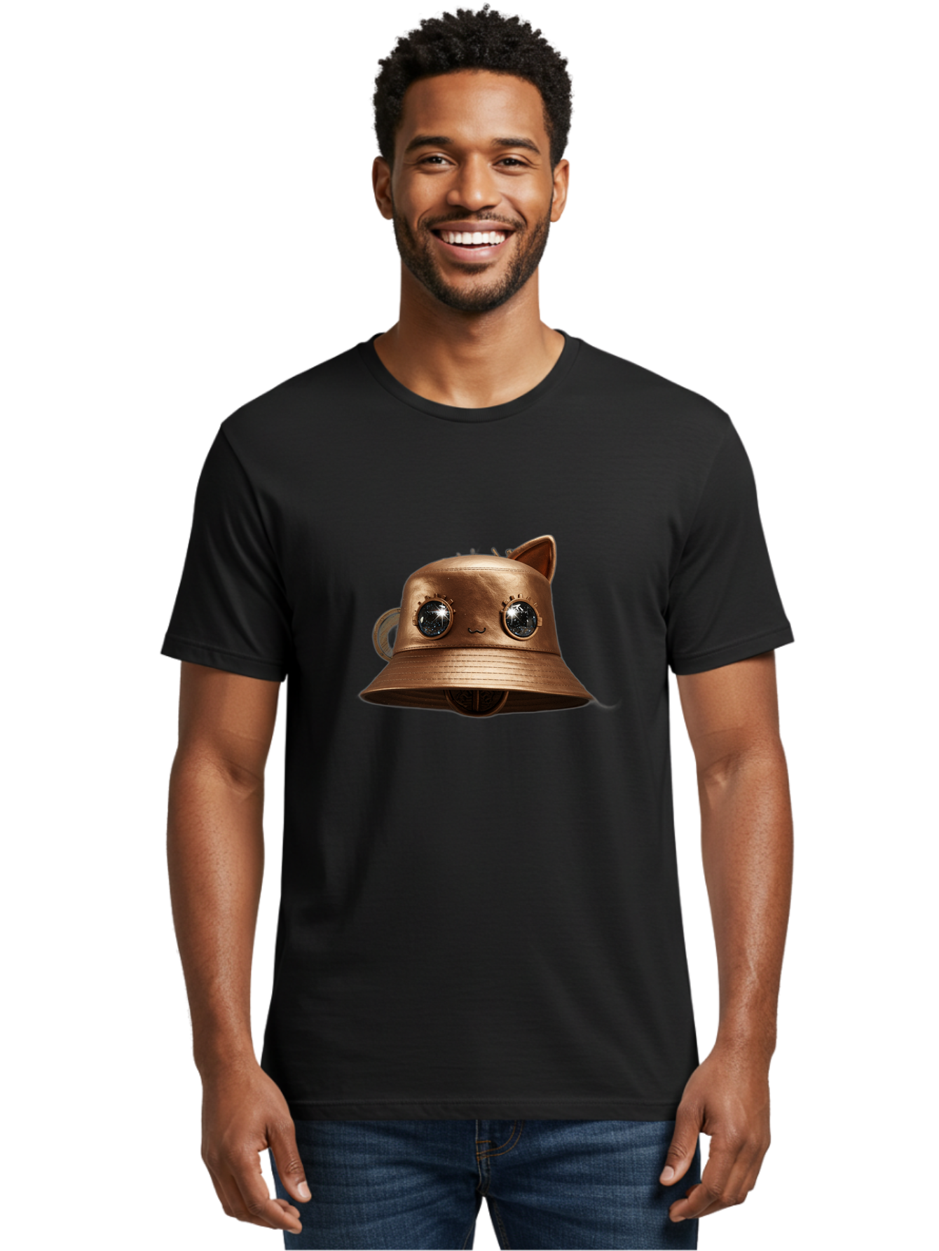 Copper-Hat Men'S Graphic Tee, 100% Cotton, Comfortable Casual Summer Wear, Machine Washable, Steampunk Cat, Bronze Helmet, Mechanical Eyes, Cat Ears, Metallic Sheen, Sci-Fi, Fantasy, Copper Finish, Whimsical Design, Industrial Chic, Bac900