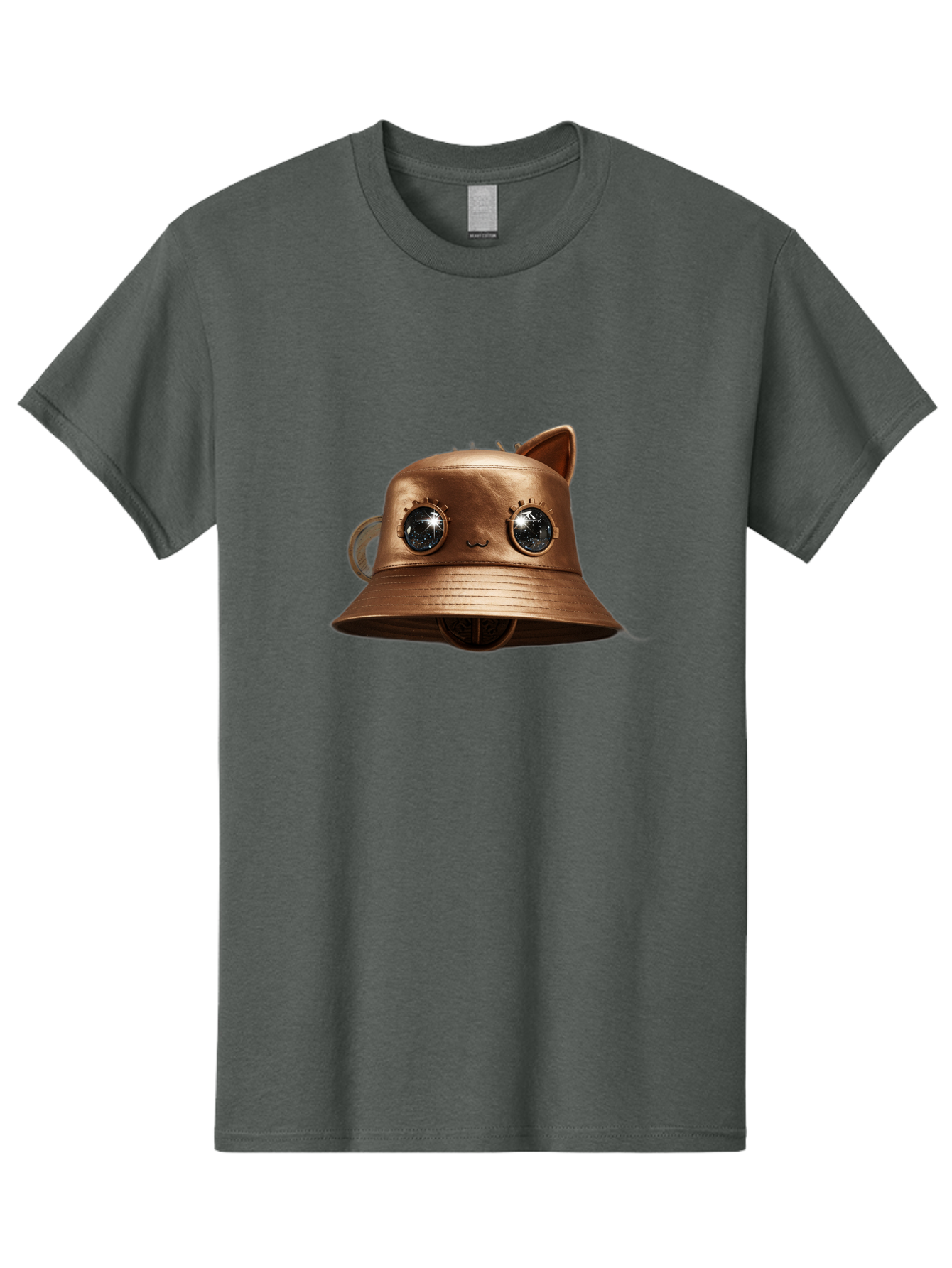 Copper-Hat Men'S Graphic Tee, 100% Cotton, Comfortable Casual Summer Wear, Machine Washable, Steampunk Cat, Bronze Helmet, Mechanical Eyes, Cat Ears, Metallic Sheen, Sci-Fi, Fantasy, Copper Finish, Whimsical Design, Industrial Chic, Bac900