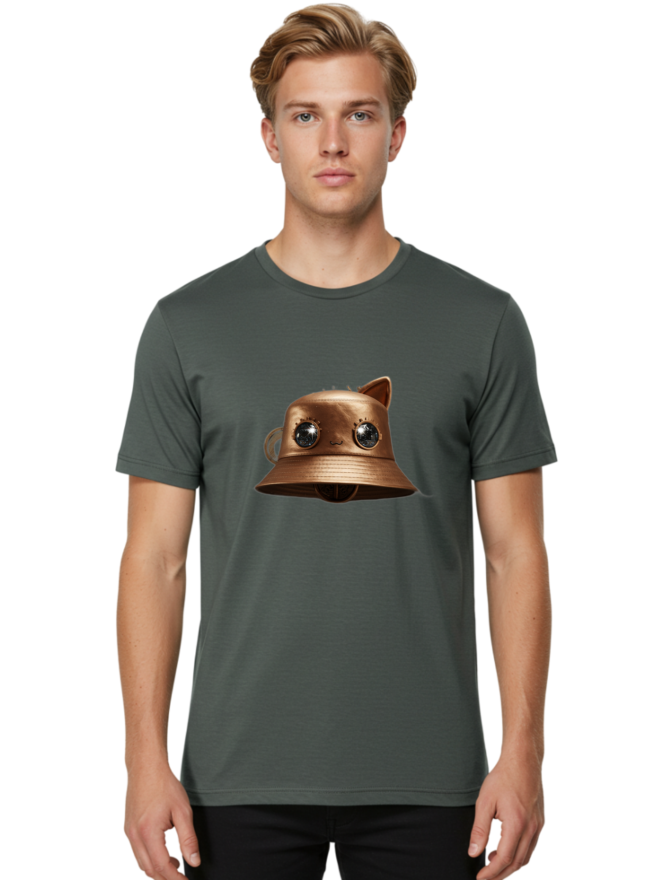 Copper-Hat Men'S Graphic Tee, 100% Cotton, Comfortable Casual Summer Wear, Machine Washable, Steampunk Cat, Bronze Helmet, Mechanical Eyes, Cat Ears, Metallic Sheen, Sci-Fi, Fantasy, Copper Finish, Whimsical Design, Industrial Chic, Bac900