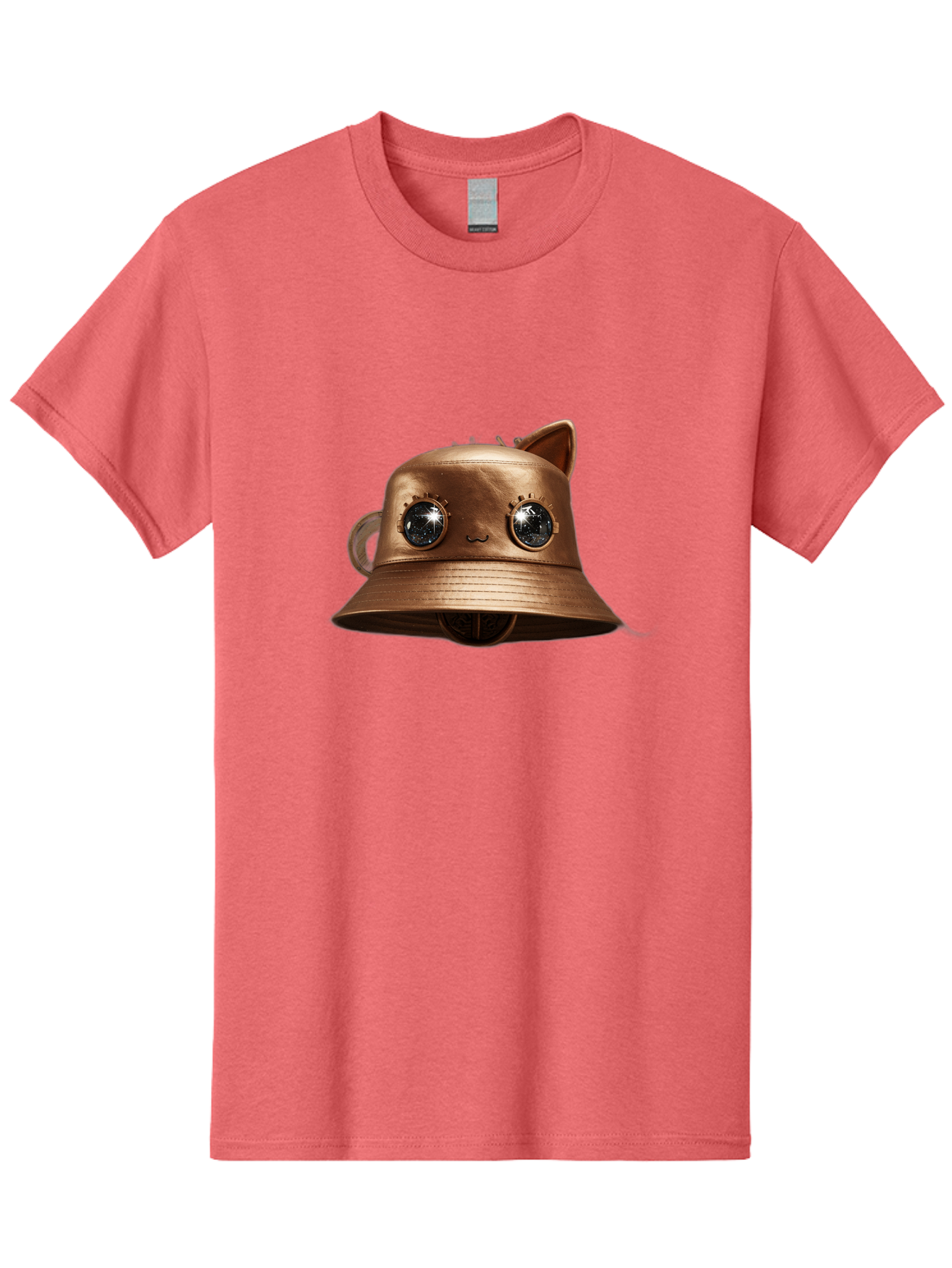 Copper-Hat Men'S Graphic Tee, 100% Cotton, Comfortable Casual Summer Wear, Machine Washable, Steampunk Cat, Bronze Helmet, Mechanical Eyes, Cat Ears, Metallic Sheen, Sci-Fi, Fantasy, Copper Finish, Whimsical Design, Industrial Chic, Bac900