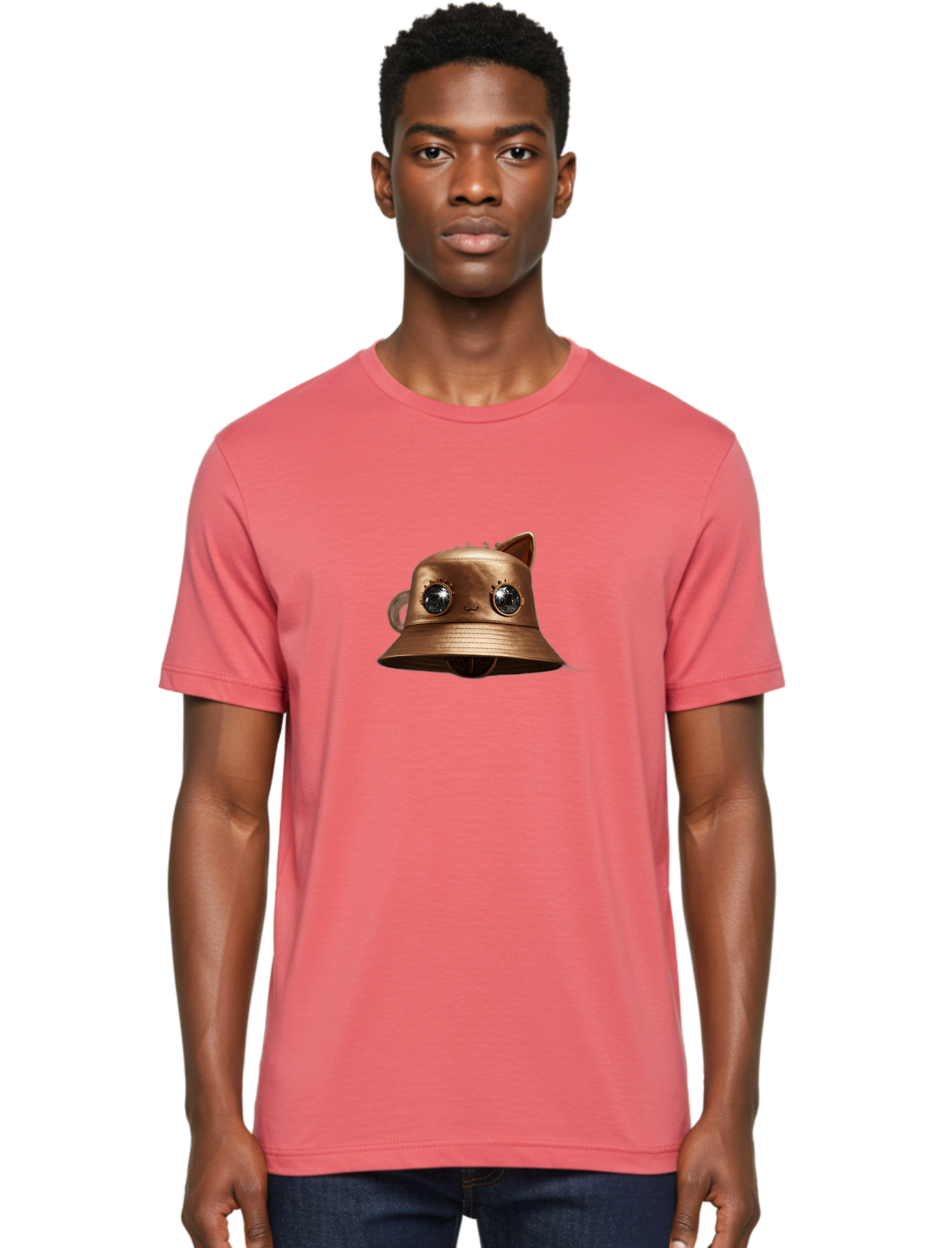 Copper-Hat Men'S Graphic Tee, 100% Cotton, Comfortable Casual Summer Wear, Machine Washable, Steampunk Cat, Bronze Helmet, Mechanical Eyes, Cat Ears, Metallic Sheen, Sci-Fi, Fantasy, Copper Finish, Whimsical Design, Industrial Chic, Bac900