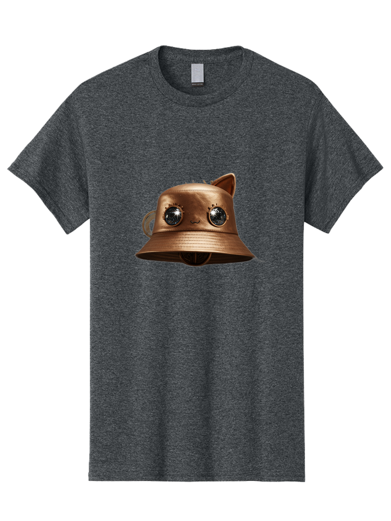 Copper-Hat Men'S Graphic Tee, 100% Cotton, Comfortable Casual Summer Wear, Machine Washable, Steampunk Cat, Bronze Helmet, Mechanical Eyes, Cat Ears, Metallic Sheen, Sci-Fi, Fantasy, Copper Finish, Whimsical Design, Industrial Chic, Bac900