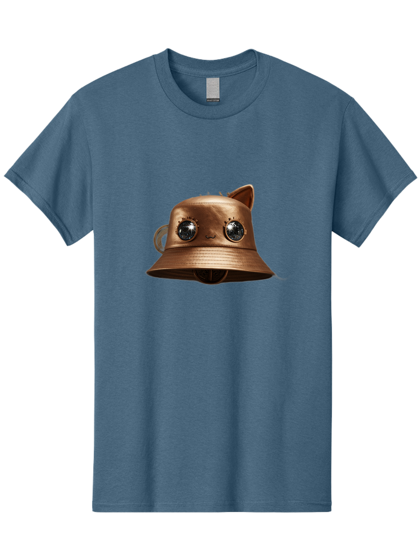 Copper-Hat Men'S Graphic Tee, 100% Cotton, Comfortable Casual Summer Wear, Machine Washable, Steampunk Cat, Bronze Helmet, Mechanical Eyes, Cat Ears, Metallic Sheen, Sci-Fi, Fantasy, Copper Finish, Whimsical Design, Industrial Chic, Bac900