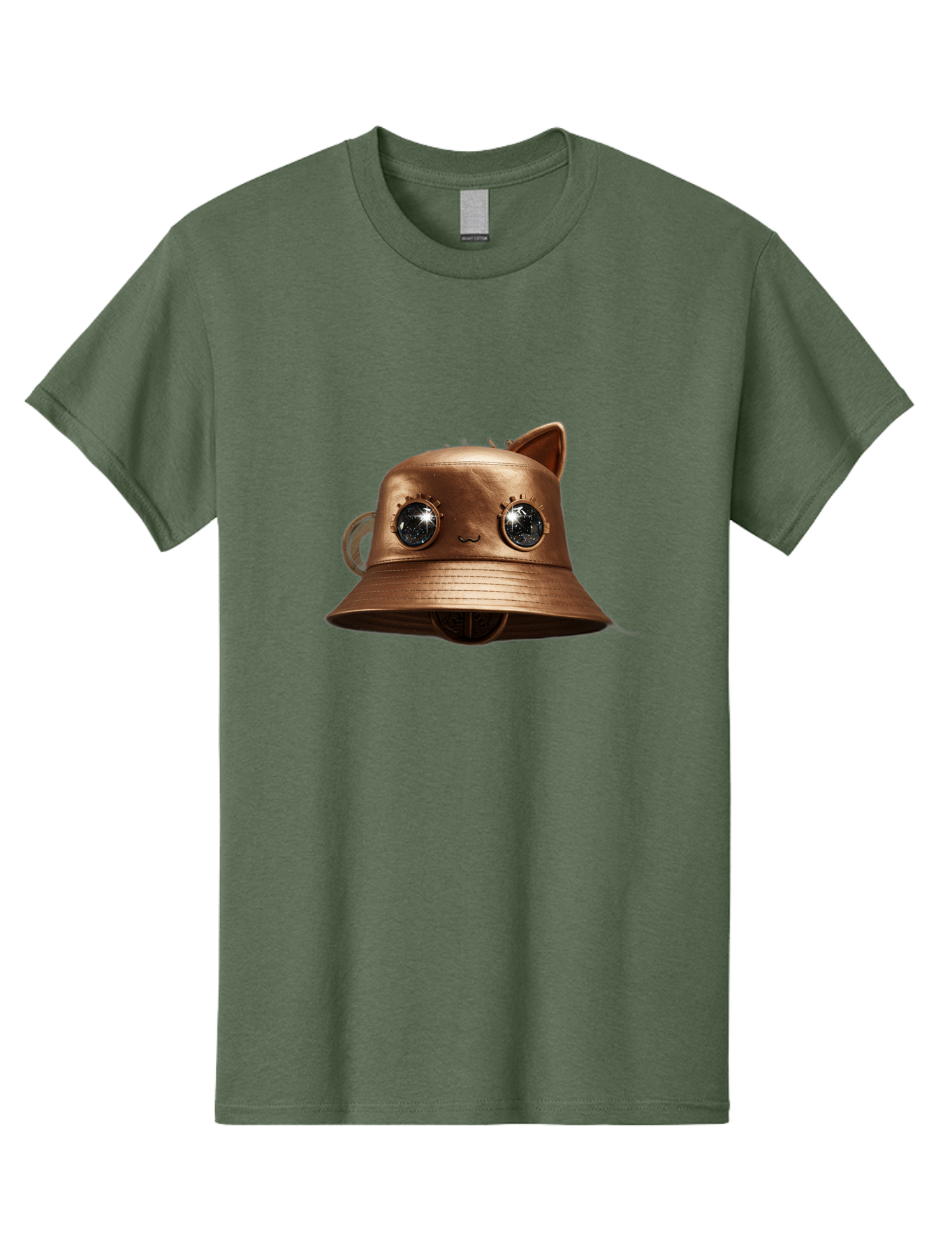 Copper-Hat Men'S Graphic Tee, 100% Cotton, Comfortable Casual Summer Wear, Machine Washable, Steampunk Cat, Bronze Helmet, Mechanical Eyes, Cat Ears, Metallic Sheen, Sci-Fi, Fantasy, Copper Finish, Whimsical Design, Industrial Chic, Bac900
