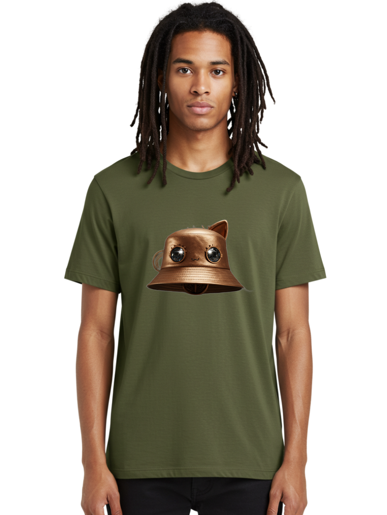 Copper-Hat Men'S Graphic Tee, 100% Cotton, Comfortable Casual Summer Wear, Machine Washable, Steampunk Cat, Bronze Helmet, Mechanical Eyes, Cat Ears, Metallic Sheen, Sci-Fi, Fantasy, Copper Finish, Whimsical Design, Industrial Chic, Bac900