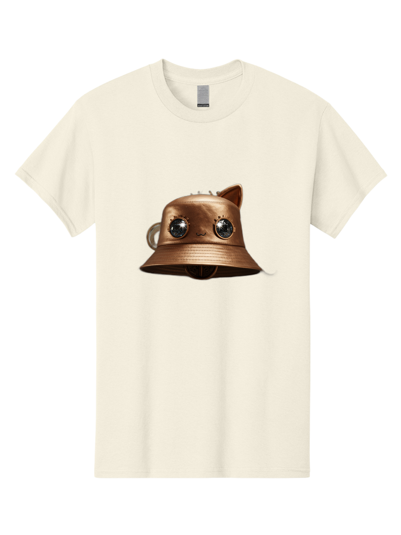 Copper-Hat Men'S Graphic Tee, 100% Cotton, Comfortable Casual Summer Wear, Machine Washable, Steampunk Cat, Bronze Helmet, Mechanical Eyes, Cat Ears, Metallic Sheen, Sci-Fi, Fantasy, Copper Finish, Whimsical Design, Industrial Chic, Bac900