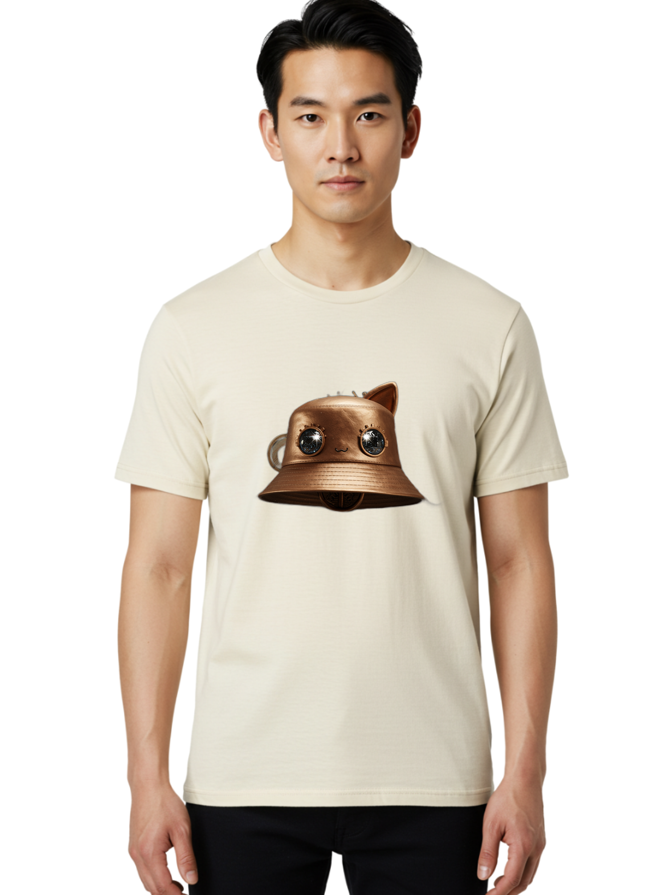 Copper-Hat Men'S Graphic Tee, 100% Cotton, Comfortable Casual Summer Wear, Machine Washable, Steampunk Cat, Bronze Helmet, Mechanical Eyes, Cat Ears, Metallic Sheen, Sci-Fi, Fantasy, Copper Finish, Whimsical Design, Industrial Chic, Bac900