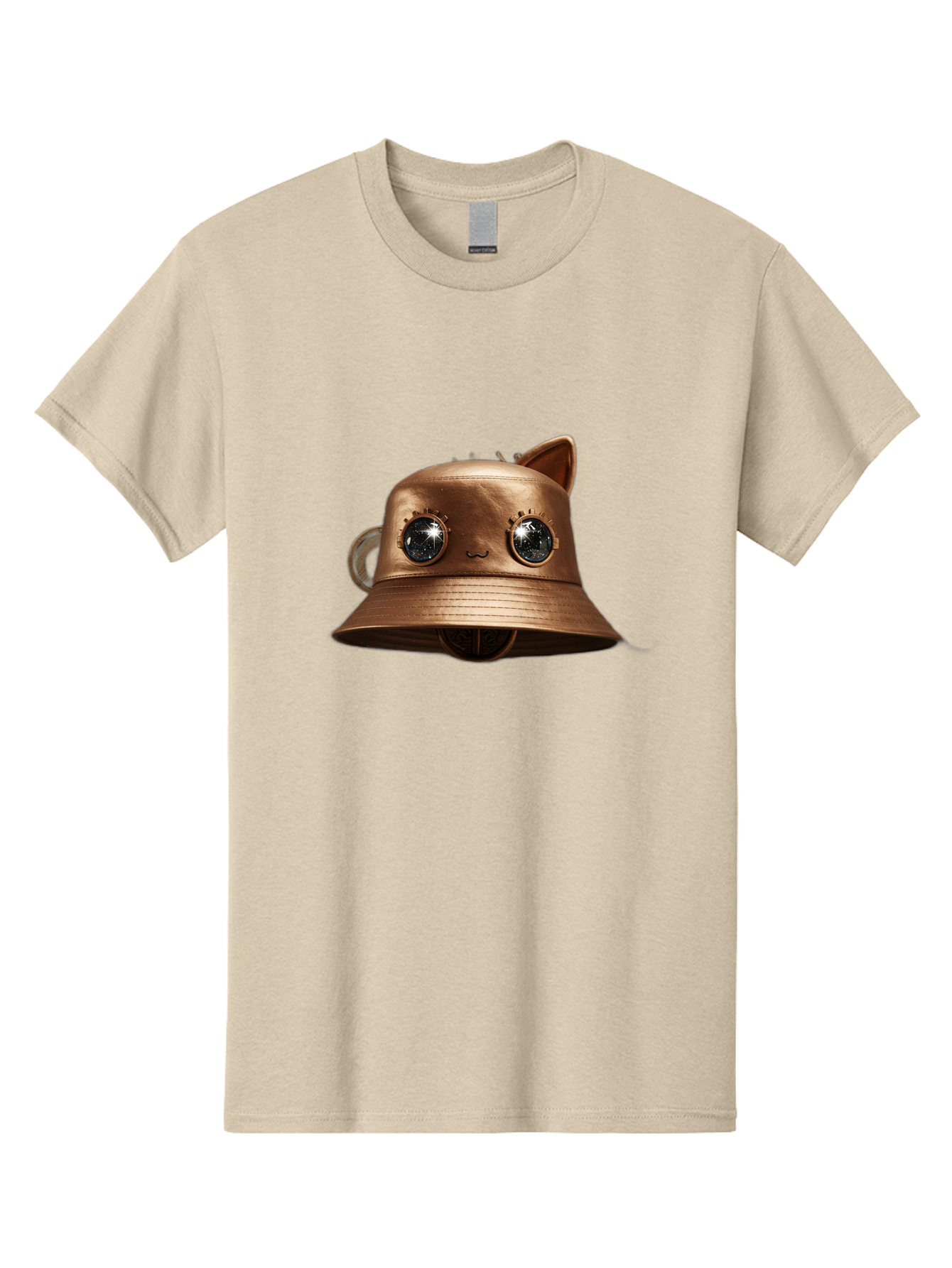 Copper-Hat Men'S Graphic Tee, 100% Cotton, Comfortable Casual Summer Wear, Machine Washable, Steampunk Cat, Bronze Helmet, Mechanical Eyes, Cat Ears, Metallic Sheen, Sci-Fi, Fantasy, Copper Finish, Whimsical Design, Industrial Chic, Bac900