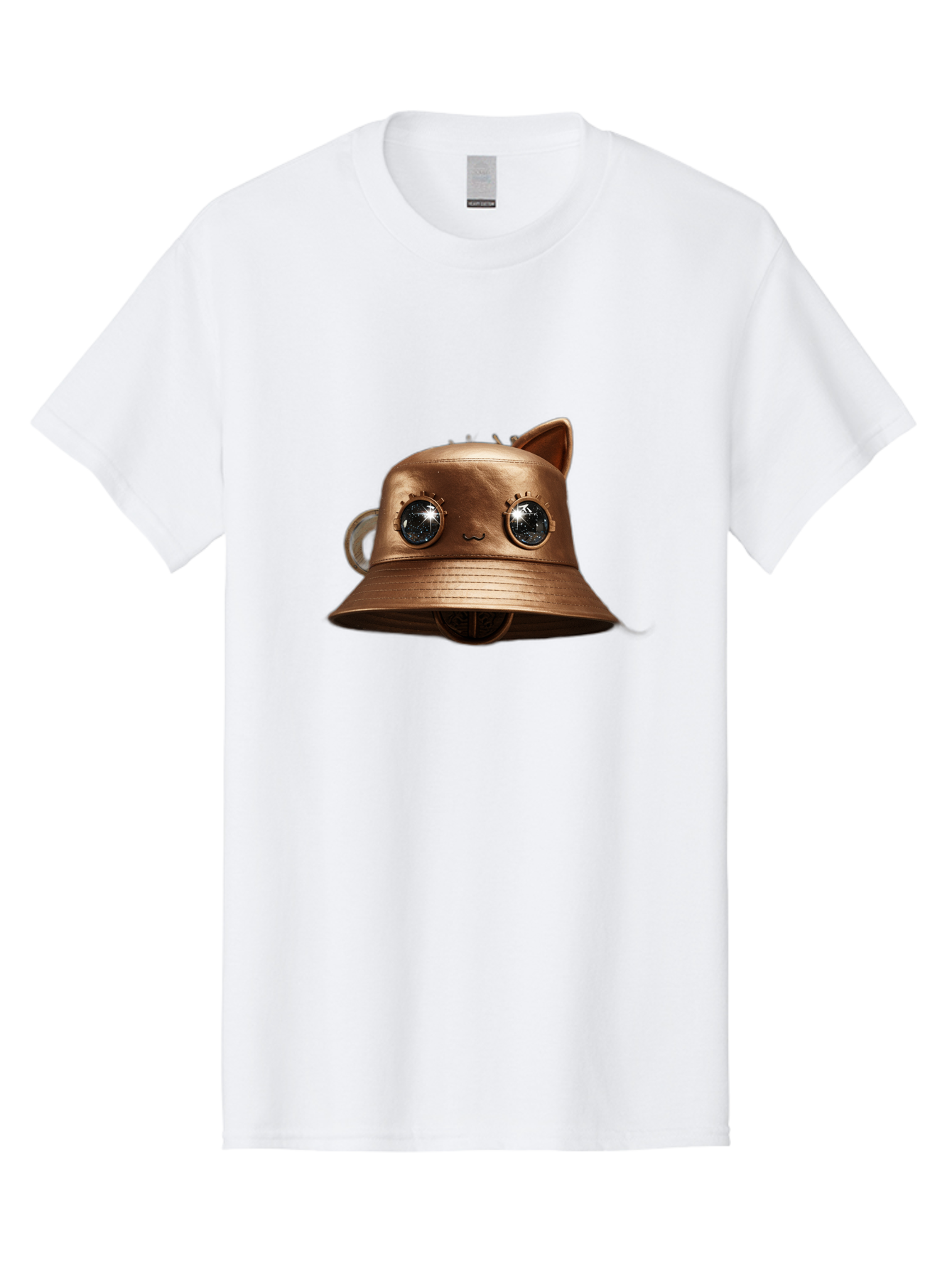 Copper-Hat Men'S Graphic Tee, 100% Cotton, Comfortable Casual Summer Wear, Machine Washable, Steampunk Cat, Bronze Helmet, Mechanical Eyes, Cat Ears, Metallic Sheen, Sci-Fi, Fantasy, Copper Finish, Whimsical Design, Industrial Chic, Bac900