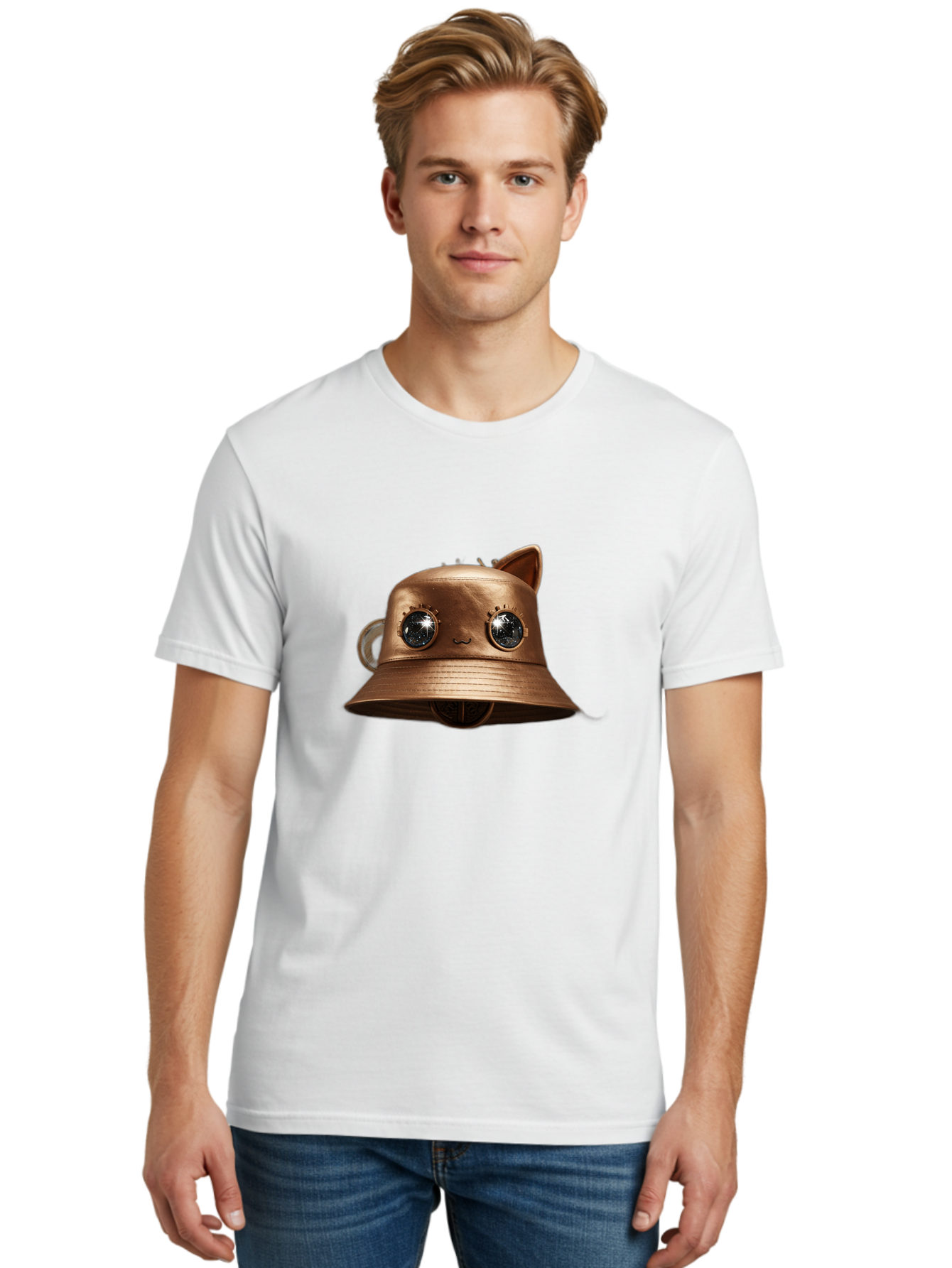 Copper-Hat Men'S Graphic Tee, 100% Cotton, Comfortable Casual Summer Wear, Machine Washable, Steampunk Cat, Bronze Helmet, Mechanical Eyes, Cat Ears, Metallic Sheen, Sci-Fi, Fantasy, Copper Finish, Whimsical Design, Industrial Chic, Bac900