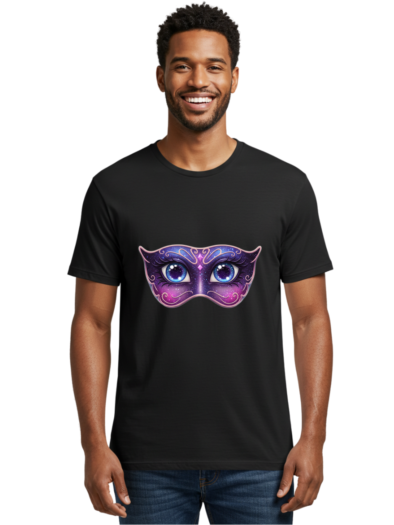 Cosmic-Mask Men'S Graphic Tee, 100% Cotton, Comfortable Casual Summer Wear, Machine Washable, Purple Galaxy Mask, Blue Eyes, Cosmic Design, Mystical Mask, Purple And Blue Swirls, Starry Night Sky, Feminine Eye Mask, Masquerade Mask, Bac901