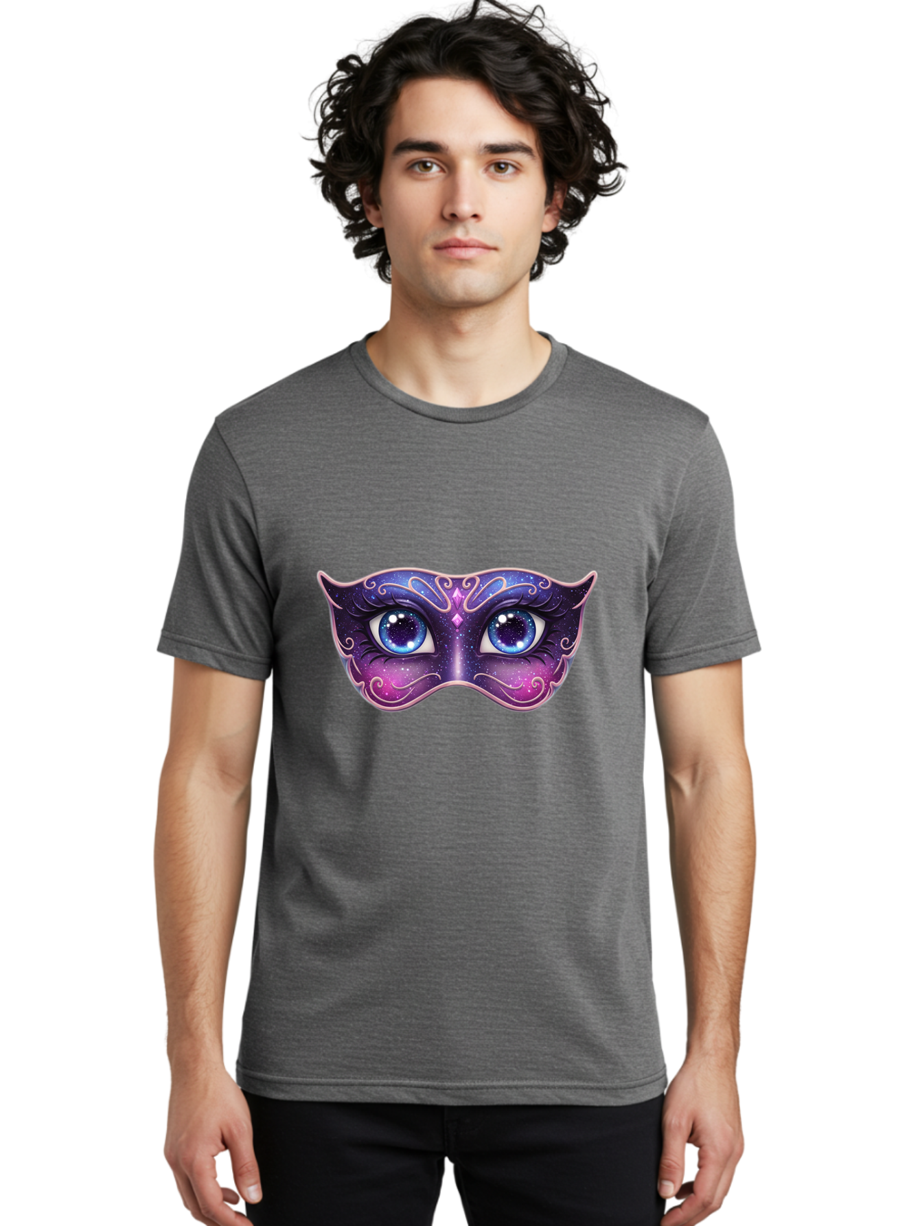 Cosmic-Mask Men'S Graphic Tee, 100% Cotton, Comfortable Casual Summer Wear, Machine Washable, Purple Galaxy Mask, Blue Eyes, Cosmic Design, Mystical Mask, Purple And Blue Swirls, Starry Night Sky, Feminine Eye Mask, Masquerade Mask, Bac901