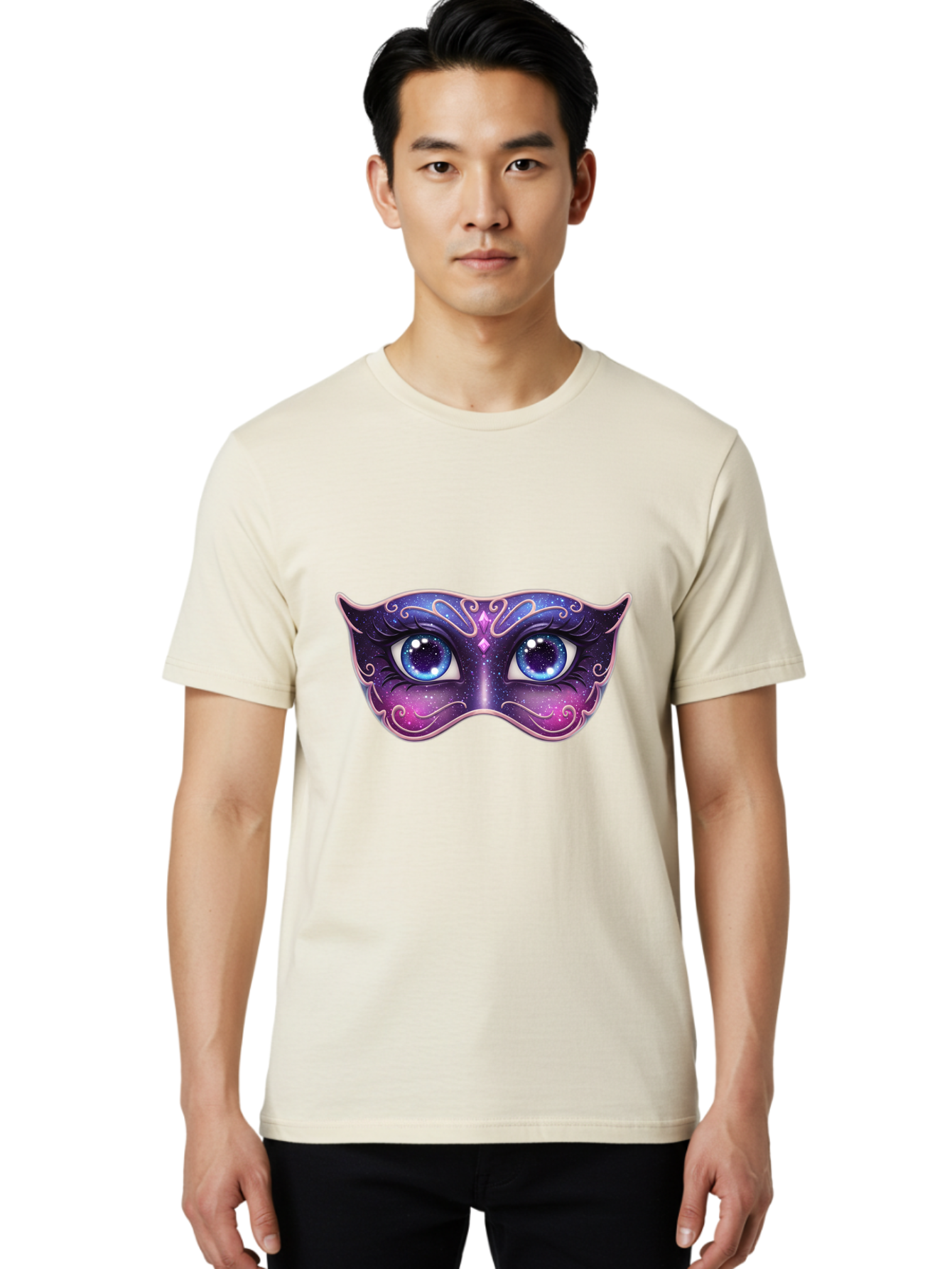 Cosmic-Mask Men'S Graphic Tee, 100% Cotton, Comfortable Casual Summer Wear, Machine Washable, Purple Galaxy Mask, Blue Eyes, Cosmic Design, Mystical Mask, Purple And Blue Swirls, Starry Night Sky, Feminine Eye Mask, Masquerade Mask, Bac901