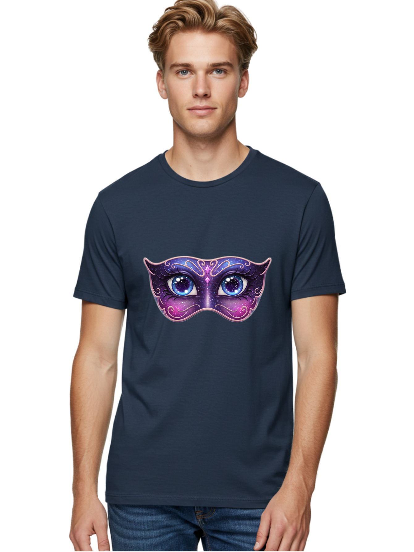 Cosmic-Mask Men'S Graphic Tee, 100% Cotton, Comfortable Casual Summer Wear, Machine Washable, Purple Galaxy Mask, Blue Eyes, Cosmic Design, Mystical Mask, Purple And Blue Swirls, Starry Night Sky, Feminine Eye Mask, Masquerade Mask, Bac901