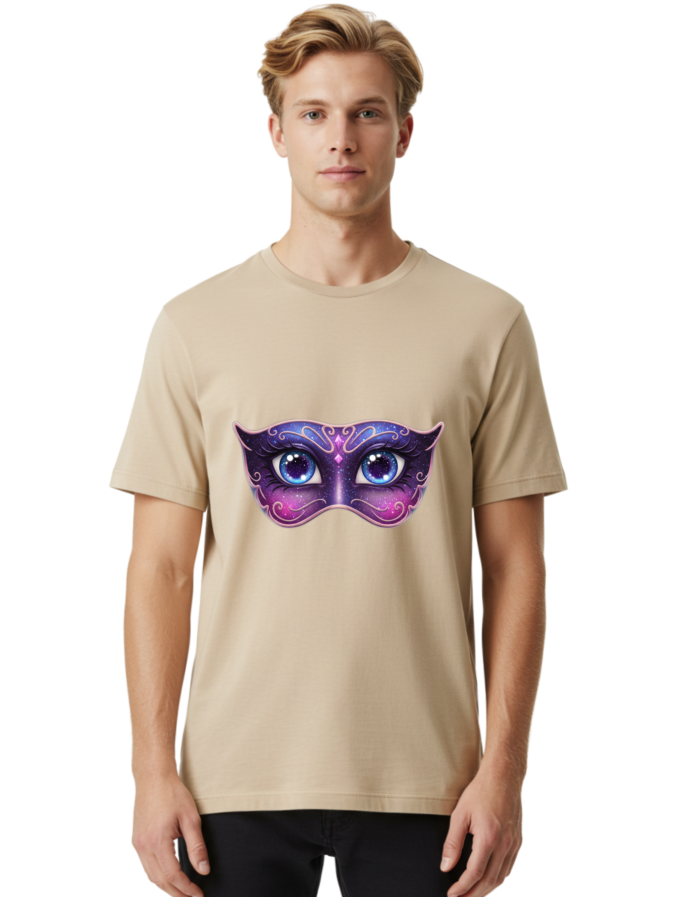 Cosmic-Mask Men'S Graphic Tee, 100% Cotton, Comfortable Casual Summer Wear, Machine Washable, Purple Galaxy Mask, Blue Eyes, Cosmic Design, Mystical Mask, Purple And Blue Swirls, Starry Night Sky, Feminine Eye Mask, Masquerade Mask, Bac901