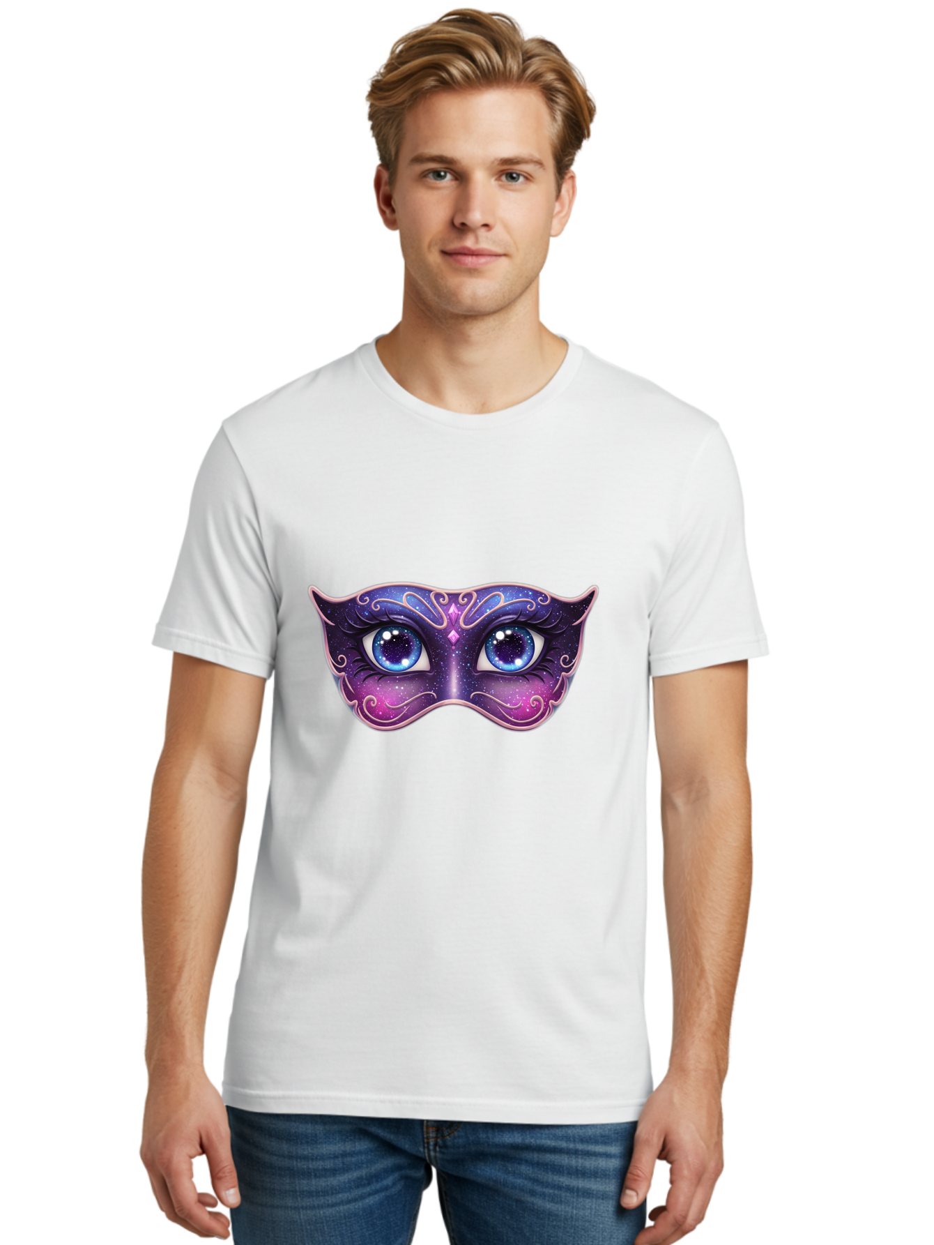Cosmic-Mask Men'S Graphic Tee, 100% Cotton, Comfortable Casual Summer Wear, Machine Washable, Purple Galaxy Mask, Blue Eyes, Cosmic Design, Mystical Mask, Purple And Blue Swirls, Starry Night Sky, Feminine Eye Mask, Masquerade Mask, Bac901
