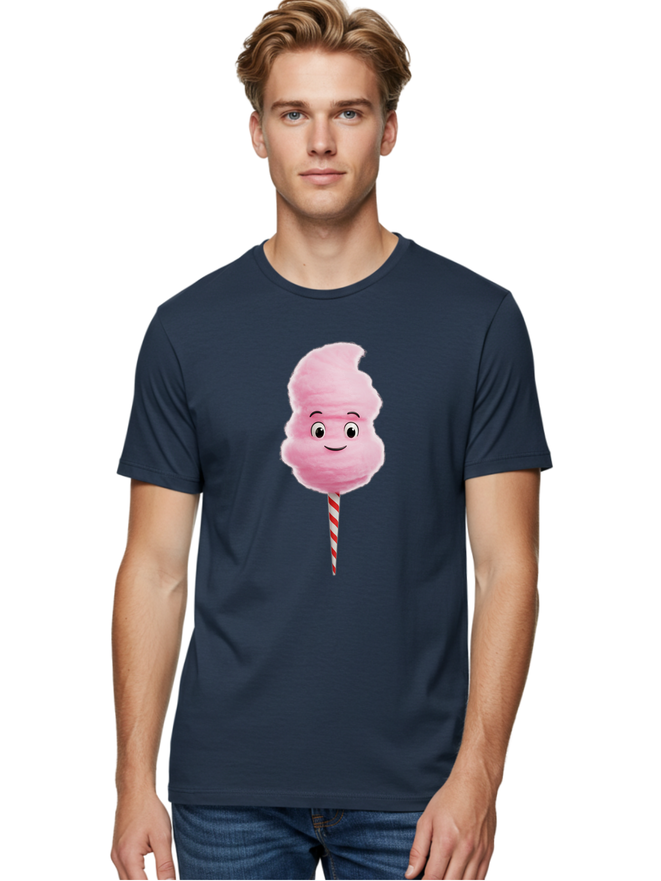 Cotton-Candy-11 Men'S Graphic Tee, 100% Cotton, Comfortable Casual Summer Wear, Machine Washable, Cotton Candy, Sweet Treats, Fluffy Pink Candy, Cartoon Character, Striped Stick, Cartoon Eyes, Smiley Face, Playful Illustration, Bac904