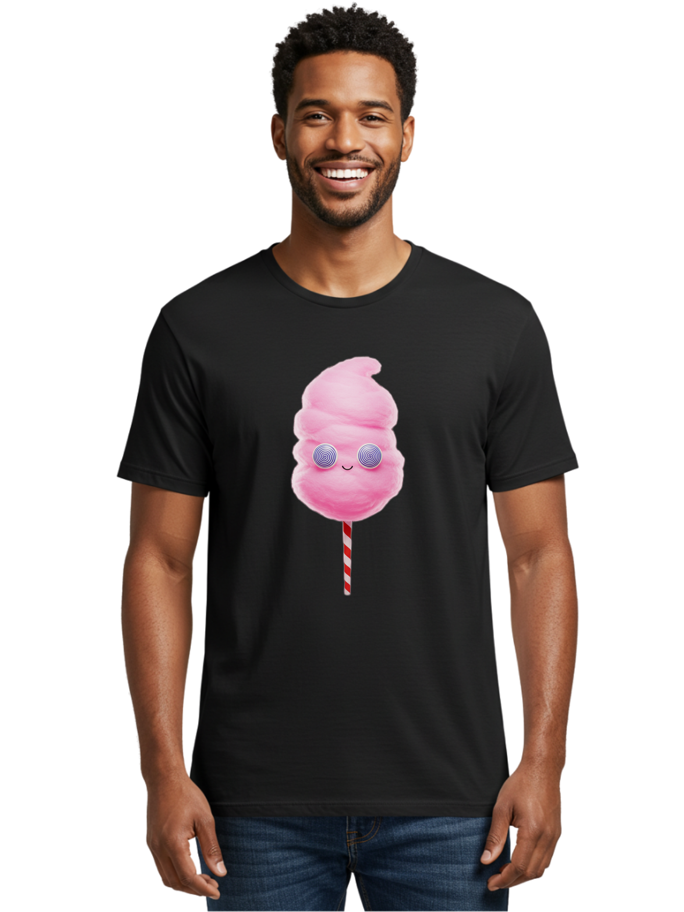 Cotton-Candy-12 Men'S Graphic Tee, 100% Cotton, Comfortable Casual Summer Wear, Machine Washable, Pink Cotton Candy, Happy Face, Spiral Eyes, Sweet Treat, Cartoon Style, Whimsical Illustration, Playful Design, Festive Atmosphere, Fun Food, Bac905