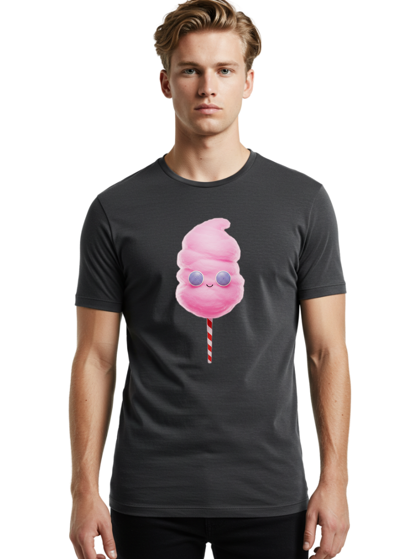 Cotton-Candy-12 Men'S Graphic Tee, 100% Cotton, Comfortable Casual Summer Wear, Machine Washable, Pink Cotton Candy, Happy Face, Spiral Eyes, Sweet Treat, Cartoon Style, Whimsical Illustration, Playful Design, Festive Atmosphere, Fun Food, Bac905