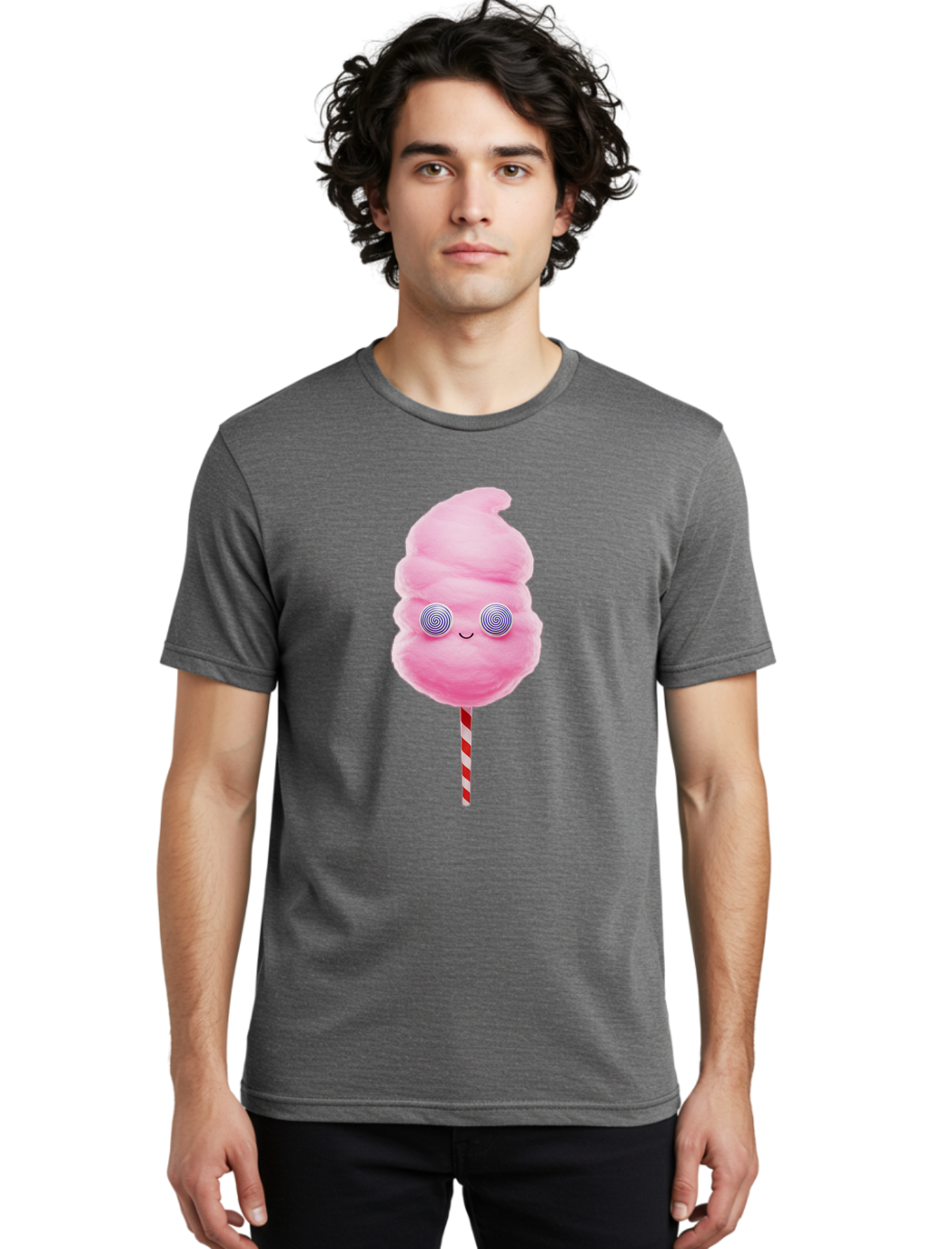 Cotton-Candy-12 Men'S Graphic Tee, 100% Cotton, Comfortable Casual Summer Wear, Machine Washable, Pink Cotton Candy, Happy Face, Spiral Eyes, Sweet Treat, Cartoon Style, Whimsical Illustration, Playful Design, Festive Atmosphere, Fun Food, Bac905