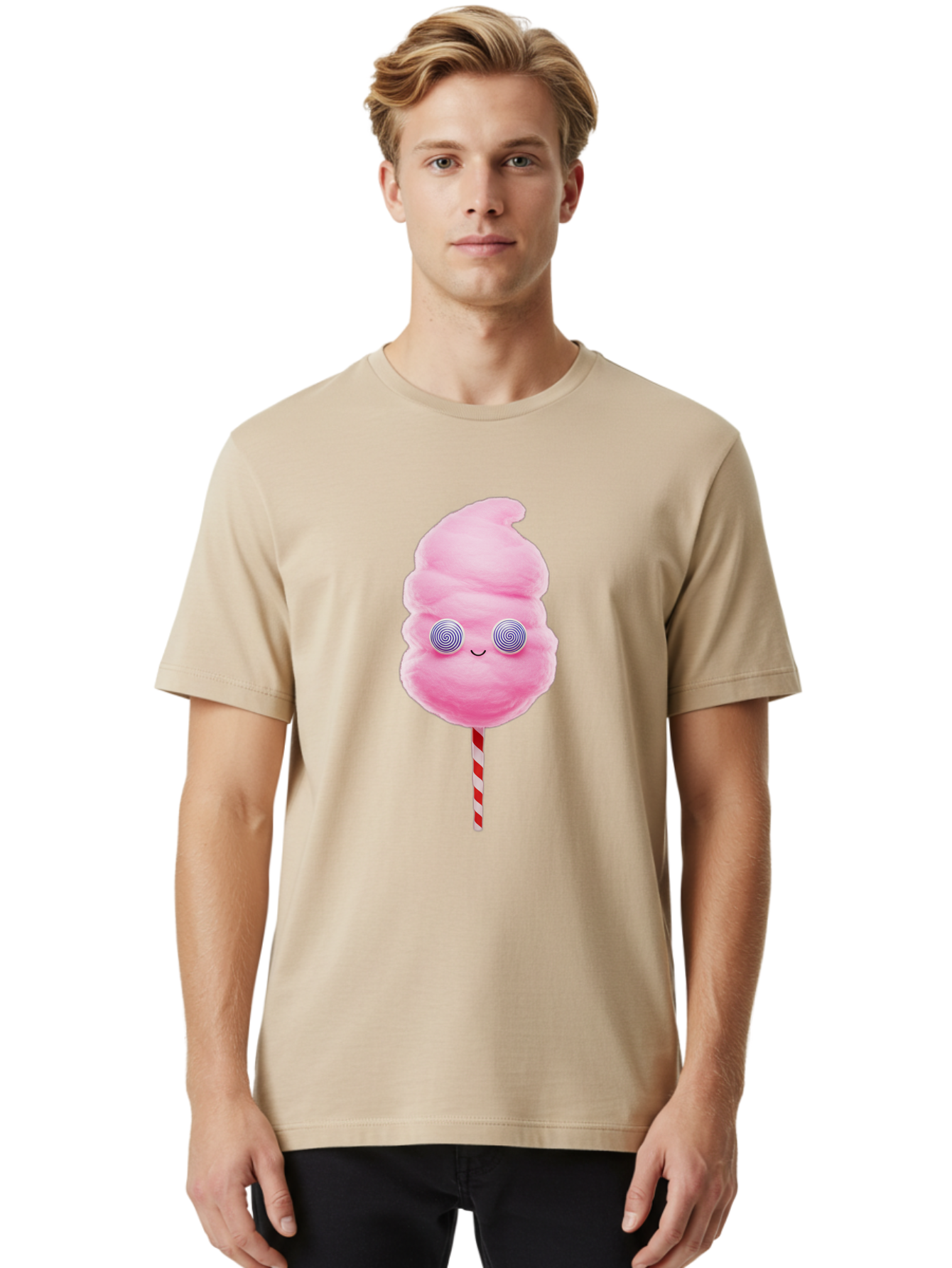 Cotton-Candy-12 Men'S Graphic Tee, 100% Cotton, Comfortable Casual Summer Wear, Machine Washable, Pink Cotton Candy, Happy Face, Spiral Eyes, Sweet Treat, Cartoon Style, Whimsical Illustration, Playful Design, Festive Atmosphere, Fun Food, Bac905