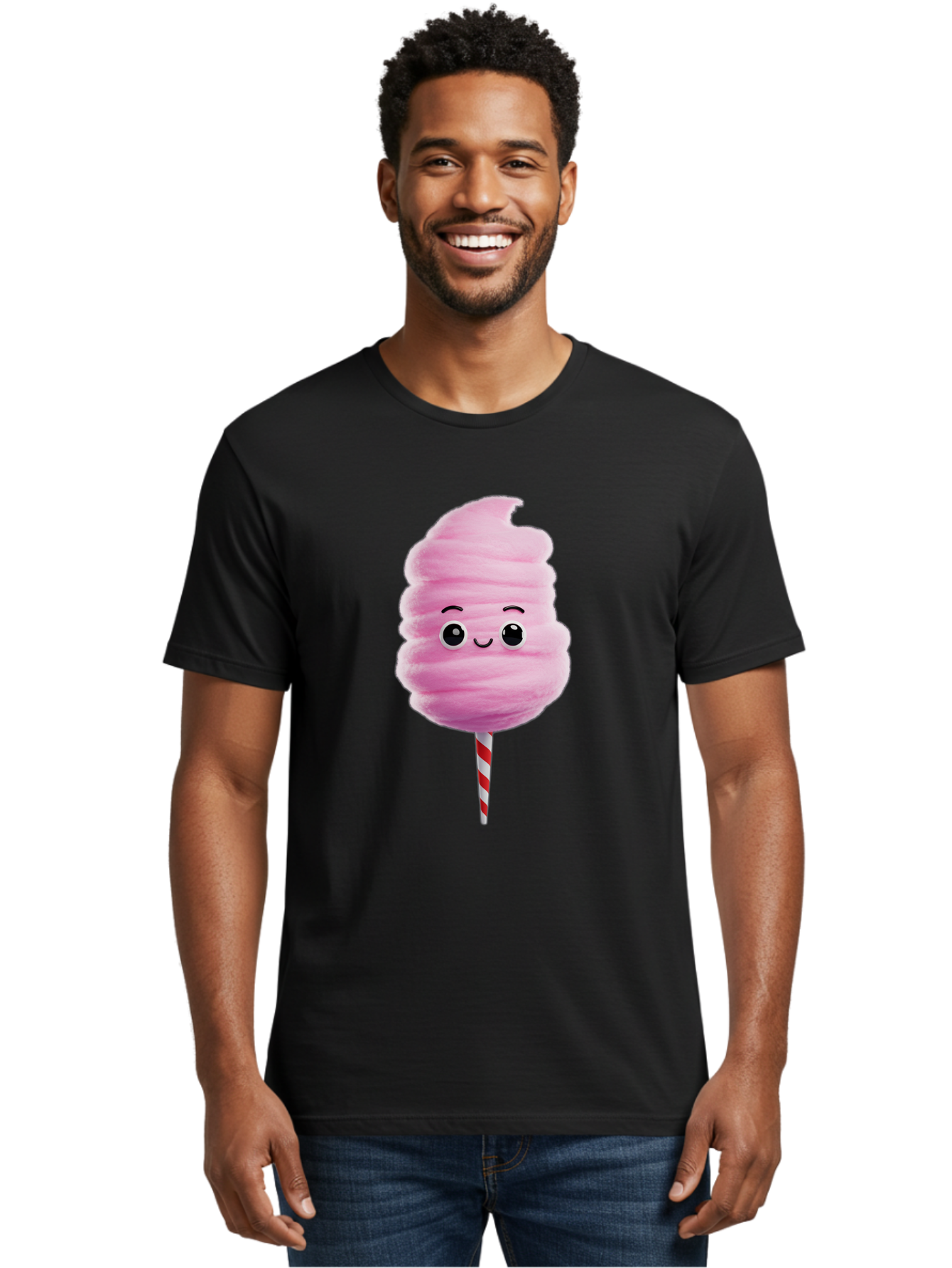Cotton-Candy-13 Men'S Graphic Tee, 100% Cotton, Comfortable Casual Summer Wear, Machine Washable, Pink Cotton Candy On A Stick, Cartoon Character, Sweet Treats, Happy Face, Kawaii, Fluffy, Candy, Cartoon Illustration, Cute, Fun Bac906