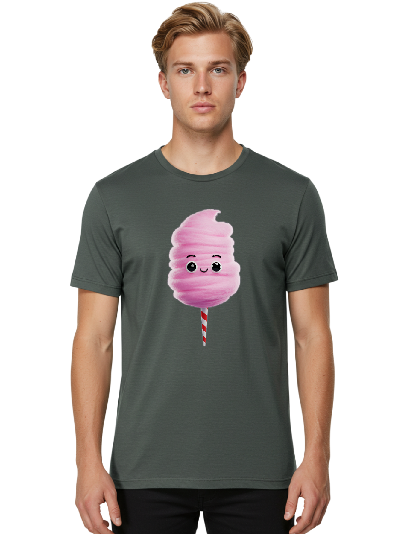 Cotton-Candy-13 Men'S Graphic Tee, 100% Cotton, Comfortable Casual Summer Wear, Machine Washable, Pink Cotton Candy On A Stick, Cartoon Character, Sweet Treats, Happy Face, Kawaii, Fluffy, Candy, Cartoon Illustration, Cute, Fun Bac906
