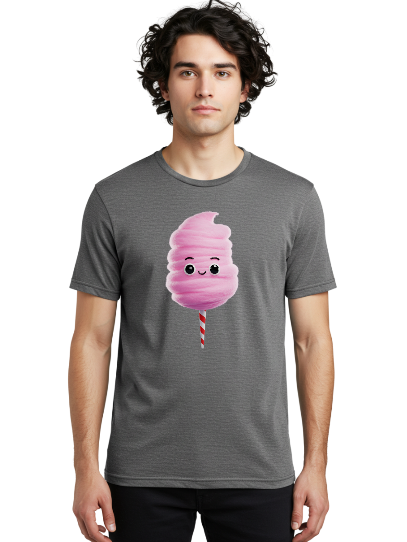 Cotton-Candy-13 Men'S Graphic Tee, 100% Cotton, Comfortable Casual Summer Wear, Machine Washable, Pink Cotton Candy On A Stick, Cartoon Character, Sweet Treats, Happy Face, Kawaii, Fluffy, Candy, Cartoon Illustration, Cute, Fun Bac906