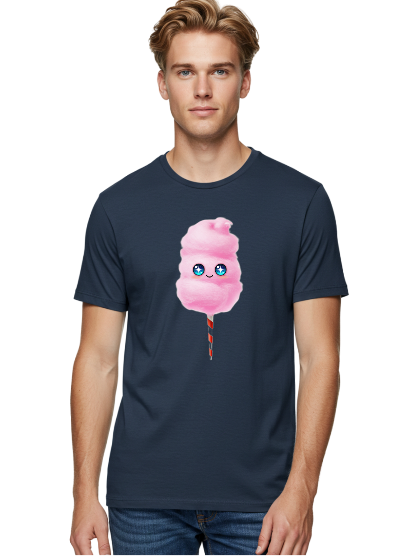 Cotton-Candy-14 Men'S Graphic Tee, 100% Cotton, Comfortable Casual Summer Wear, Machine Washable, Pink Cotton Candy, Cartoon Character, Kawaii, Cute Face, Blue Eyes, Smiley, Sweet Treats, Fluffy, Carnival, Fun, Cartoon Eyes, Adorable, Funfair Bac907