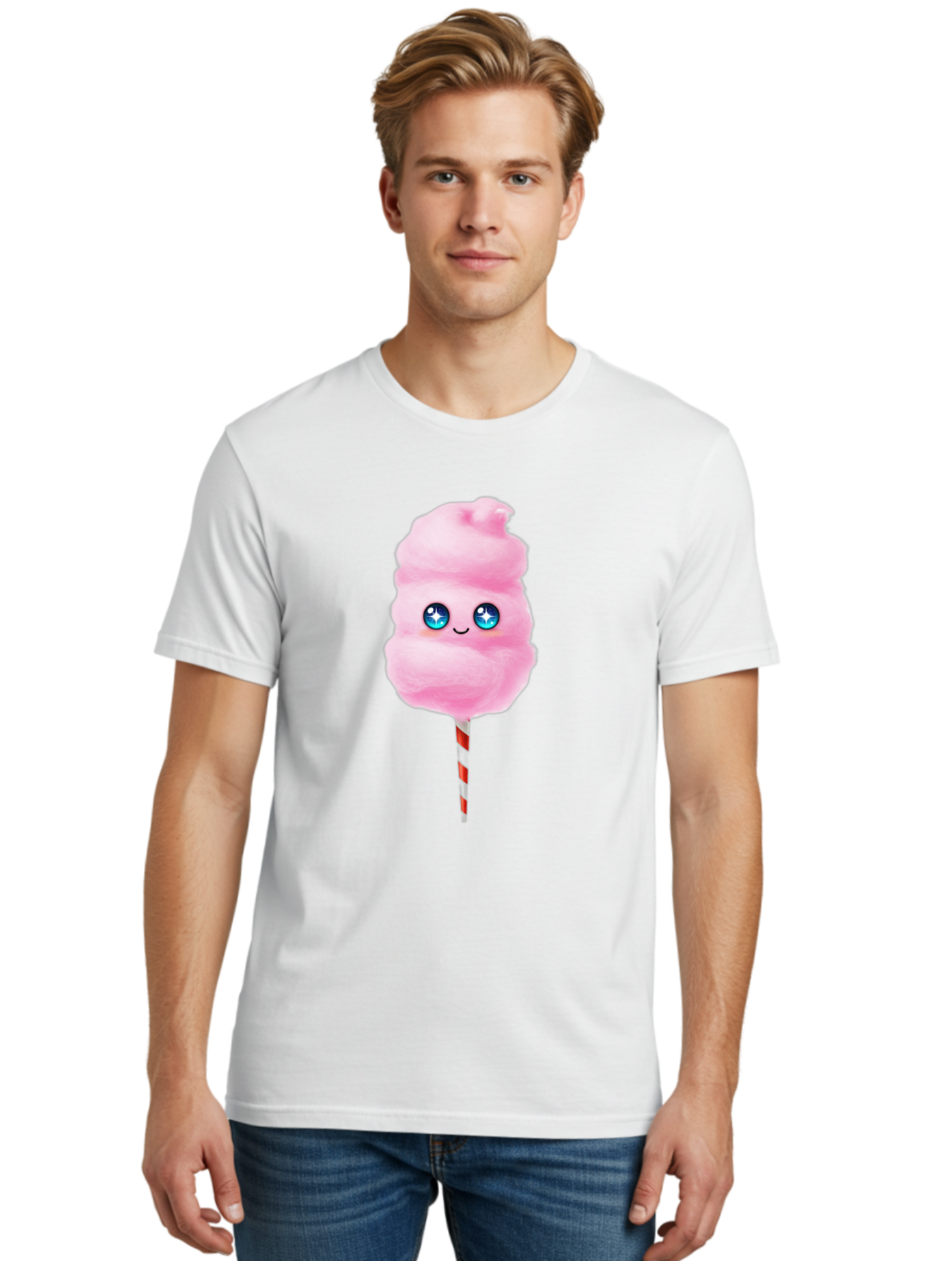 Cotton-Candy-14 Men'S Graphic Tee, 100% Cotton, Comfortable Casual Summer Wear, Machine Washable, Pink Cotton Candy, Cartoon Character, Kawaii, Cute Face, Blue Eyes, Smiley, Sweet Treats, Fluffy, Carnival, Fun, Cartoon Eyes, Adorable, Funfair Bac907