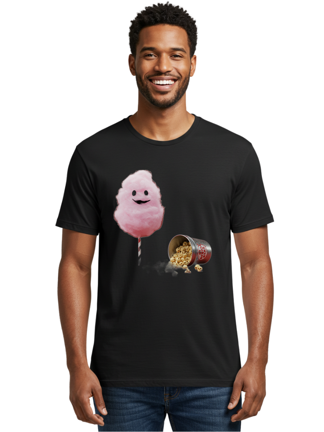 Cotton-Candy-16 Men'S Graphic Tee, 100% Cotton, Comfortable Casual Summer Wear, Machine Washable, Cartoon Cotton Candy With A Smiling Mouth, Cotton Candy On A Stick, Fun Food, Cartoon Snack, Popcorn Treat, Colorful Graphics, Playful Imagery, Bac909