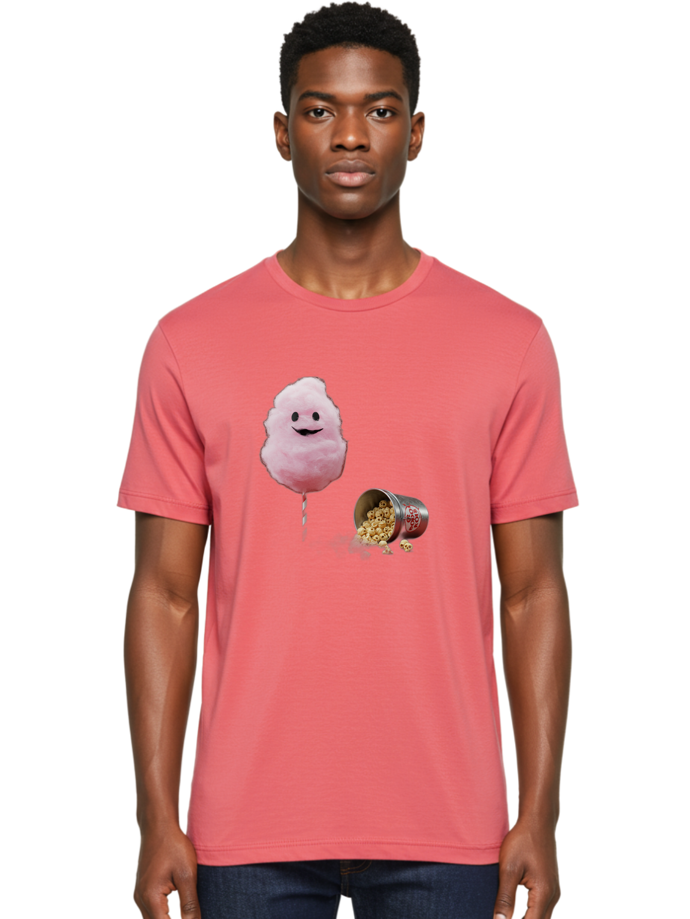 Cotton-Candy-16 Men'S Graphic Tee, 100% Cotton, Comfortable Casual Summer Wear, Machine Washable, Cartoon Cotton Candy With A Smiling Mouth, Cotton Candy On A Stick, Fun Food, Cartoon Snack, Popcorn Treat, Colorful Graphics, Playful Imagery, Bac909