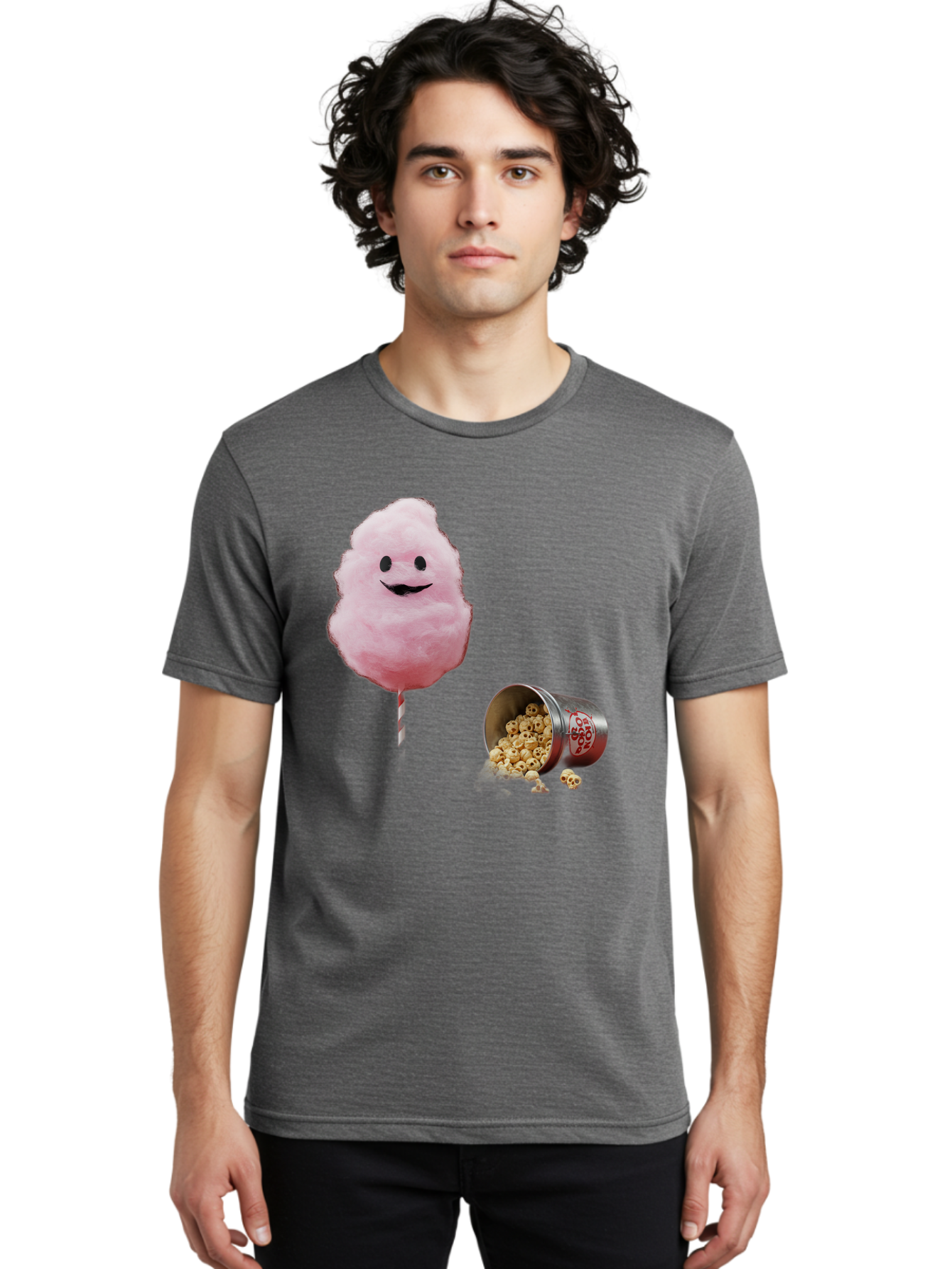 Cotton-Candy-16 Men'S Graphic Tee, 100% Cotton, Comfortable Casual Summer Wear, Machine Washable, Cartoon Cotton Candy With A Smiling Mouth, Cotton Candy On A Stick, Fun Food, Cartoon Snack, Popcorn Treat, Colorful Graphics, Playful Imagery, Bac909